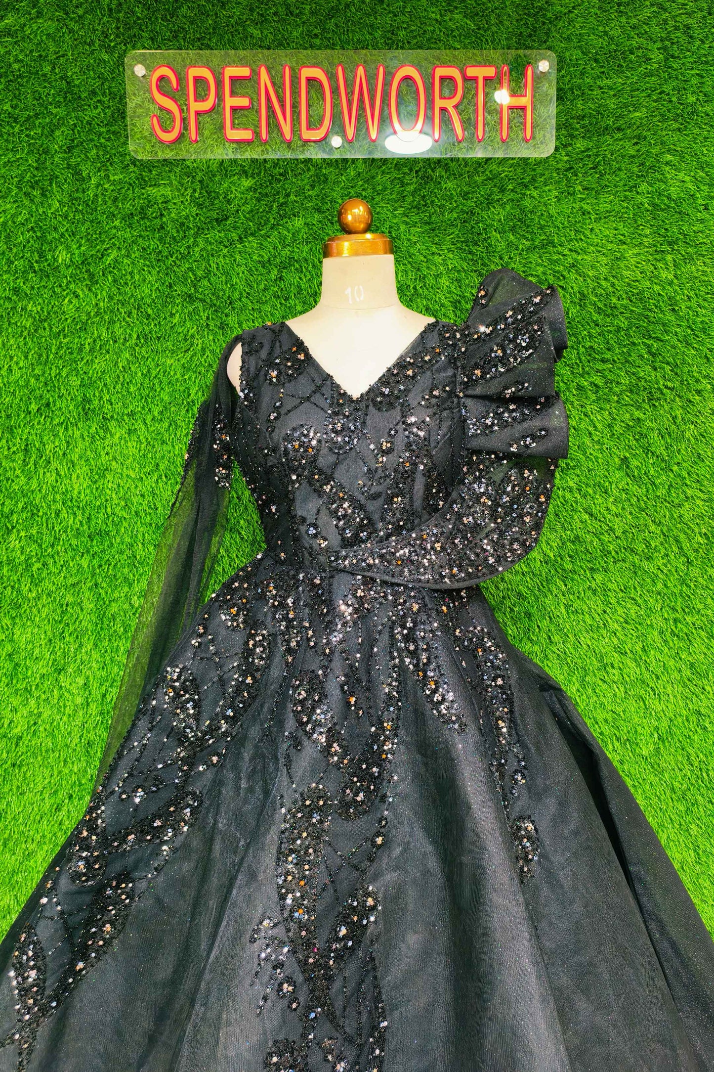 Barbie Mesh Can Hand Work Gown In Black