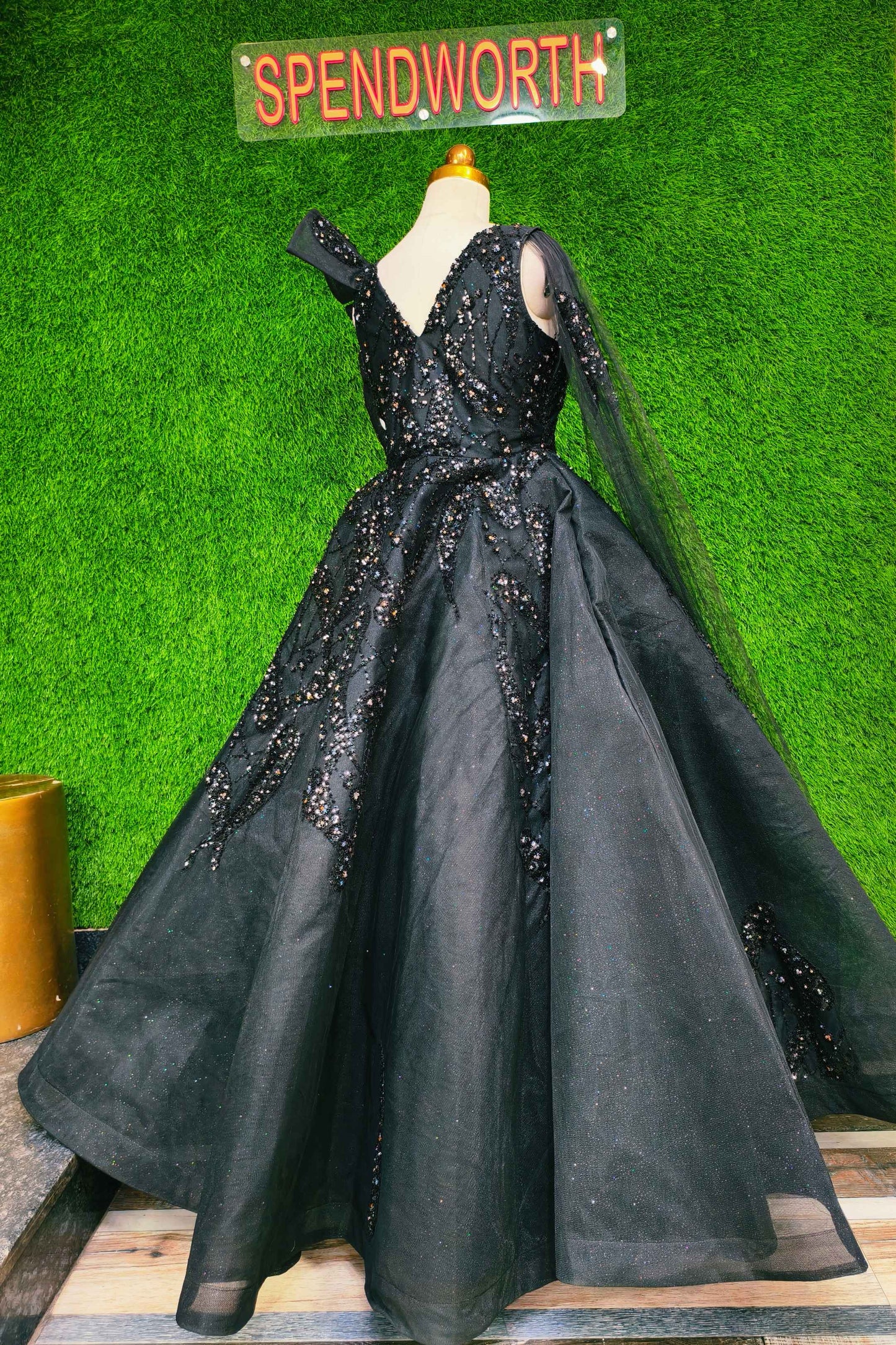 Barbie Mesh Can Hand Work Gown In Black