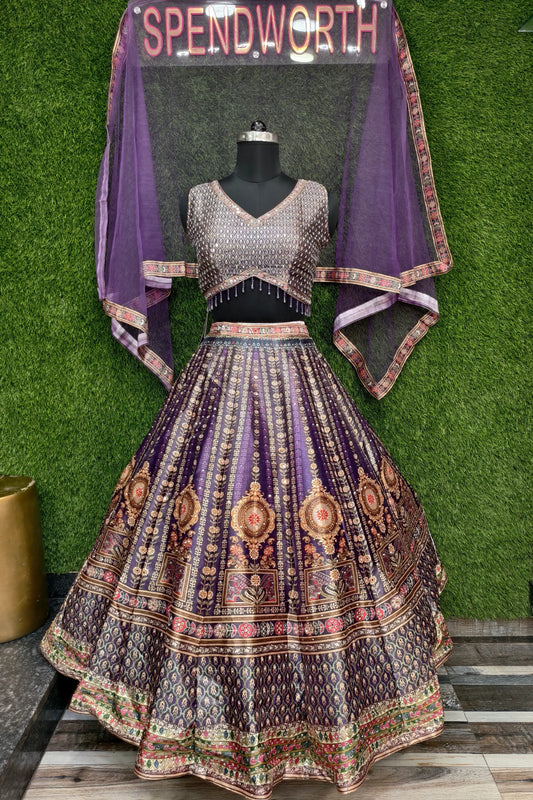 Digital Printed Silk Anarkali Lehenga In Purple