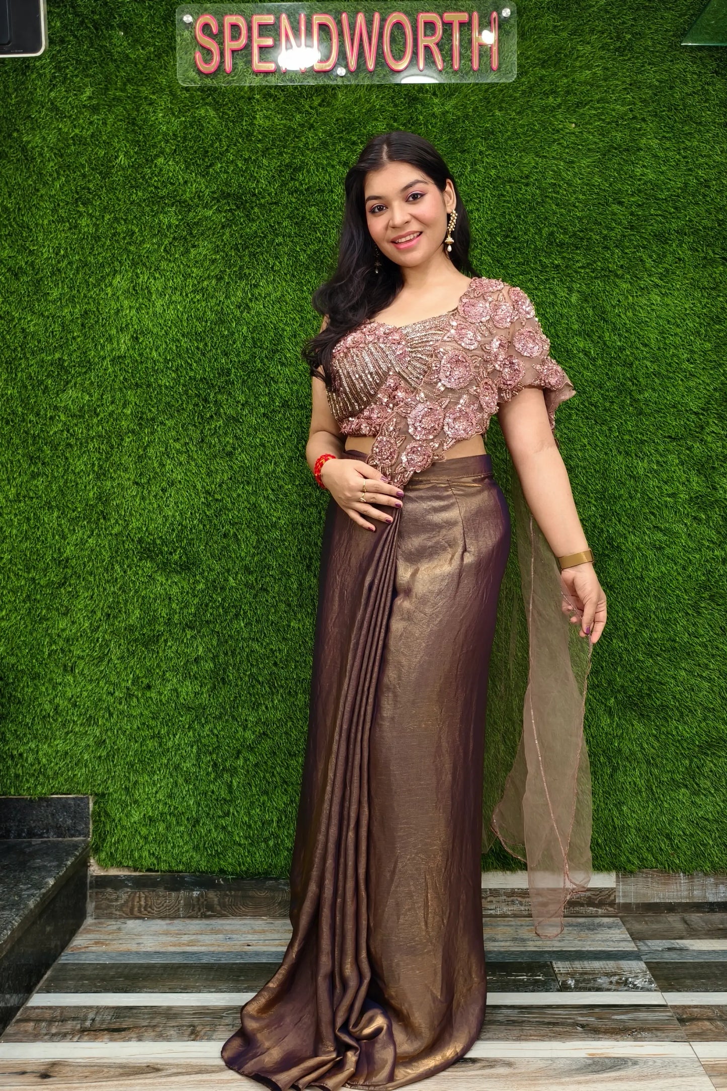 Pure Shimmer Chinnon Partywear Drape Dress in Bronze Colour