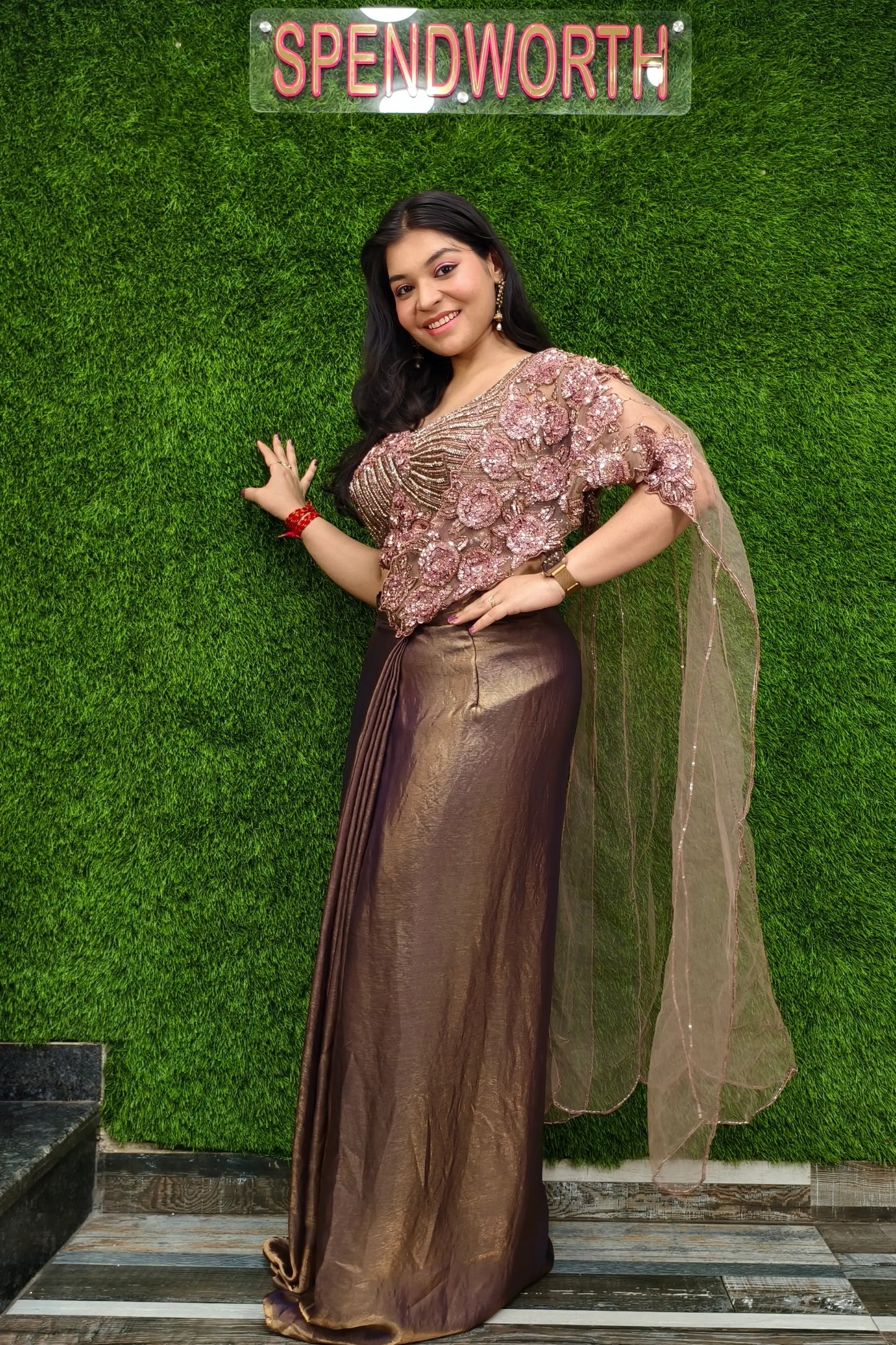 Pure Shimmer Chinnon Partywear Drape Dress in Bronze Colour
