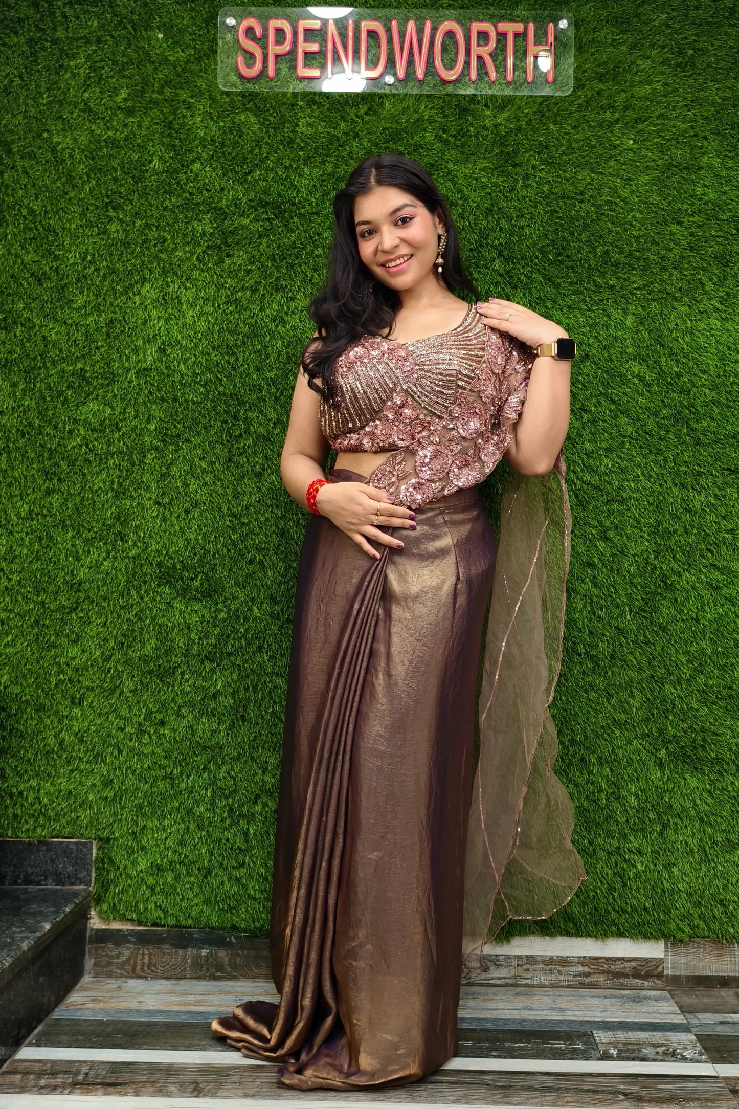 Pure Shimmer Chinnon Partywear Drape Dress in Bronze Colour