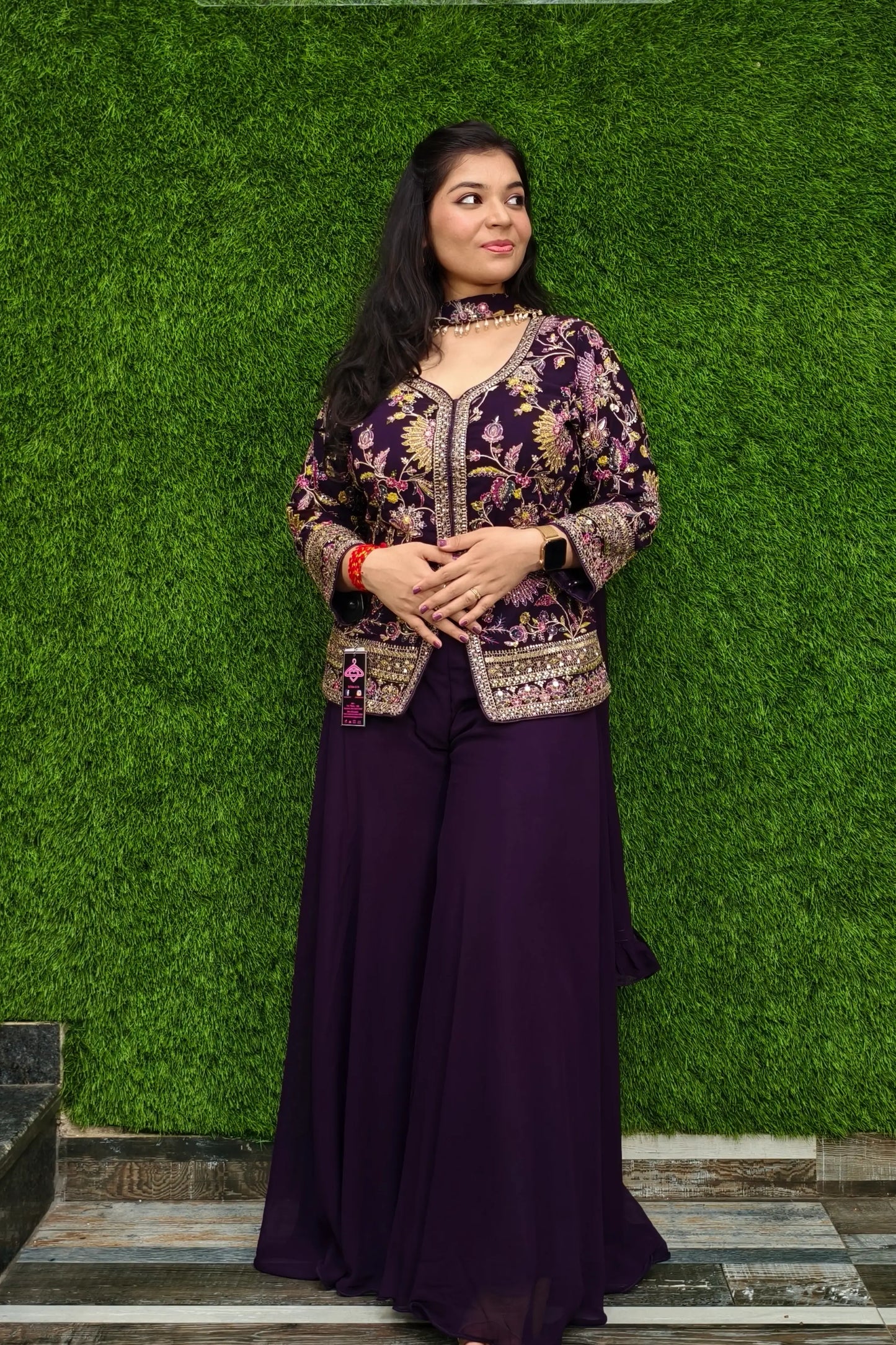 Partywear Cord set In Multi Embroidery Work in Wine