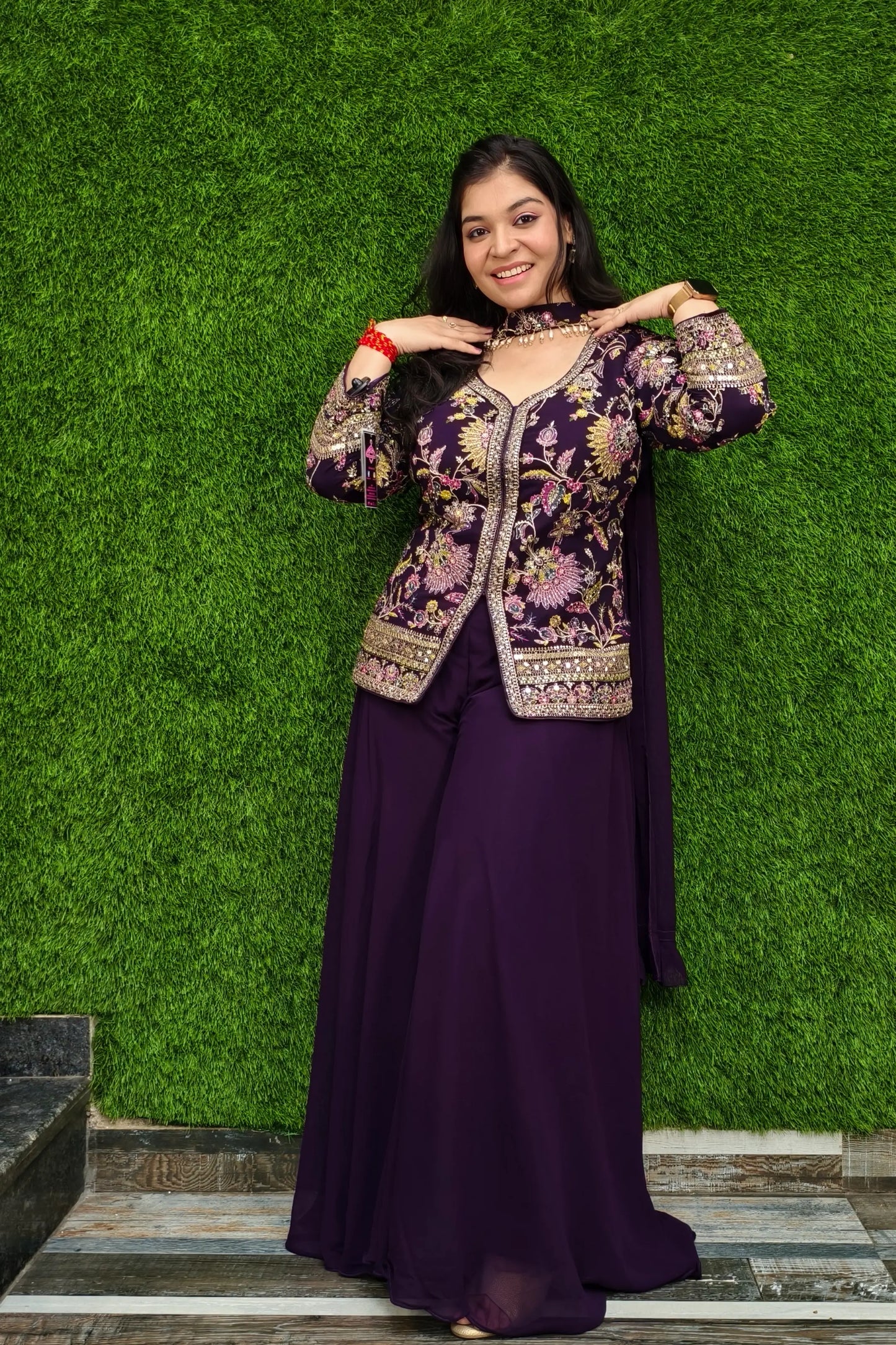 Partywear Cord set In Multi Embroidery Work in Wine