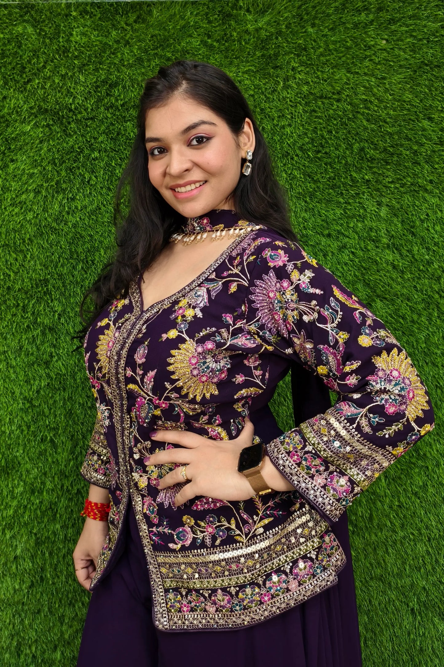 Partywear Cord set In Multi Embroidery Work in Wine