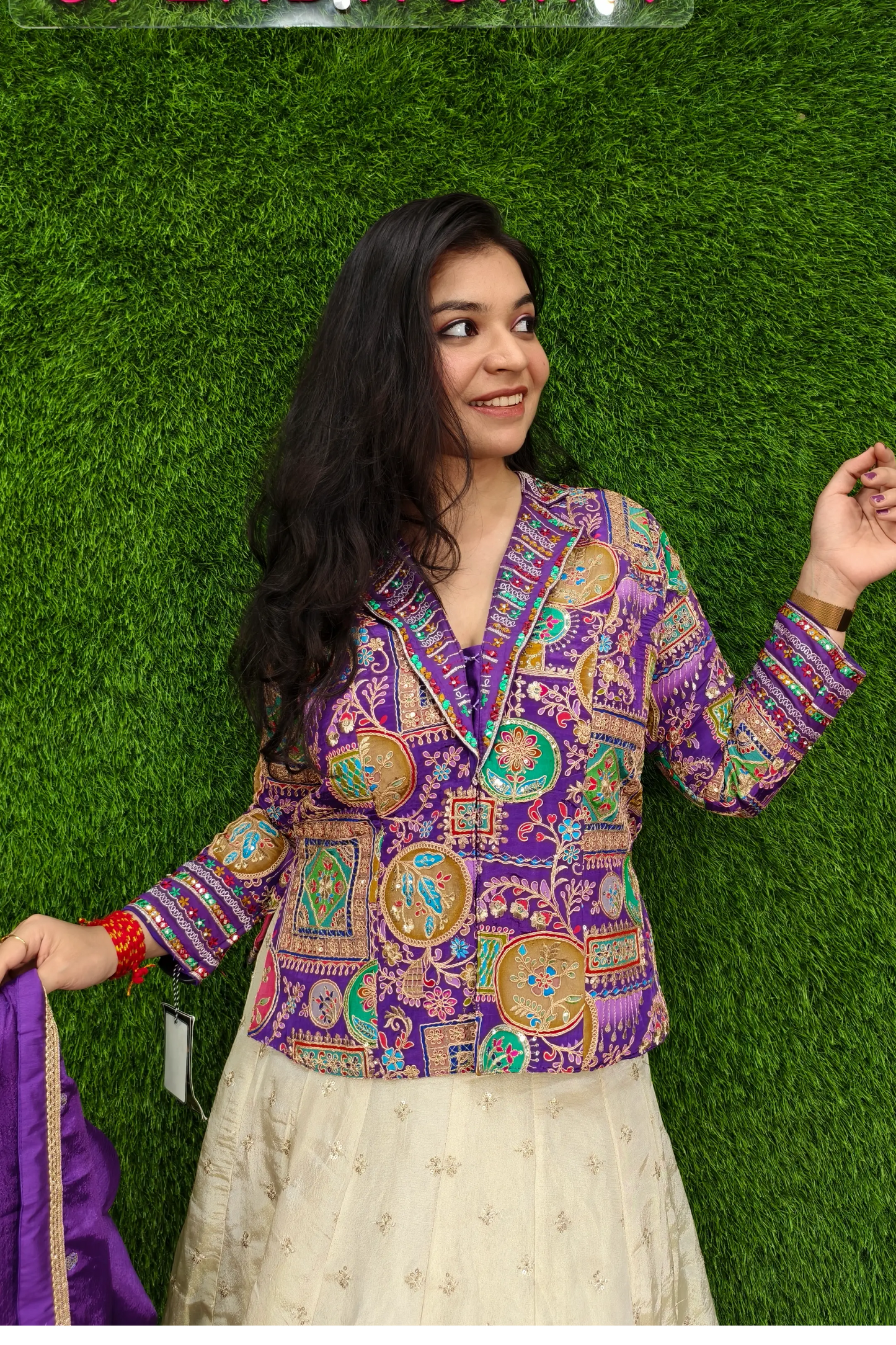 Indo Western Dress with Multi Embroidered Short Top In Purple