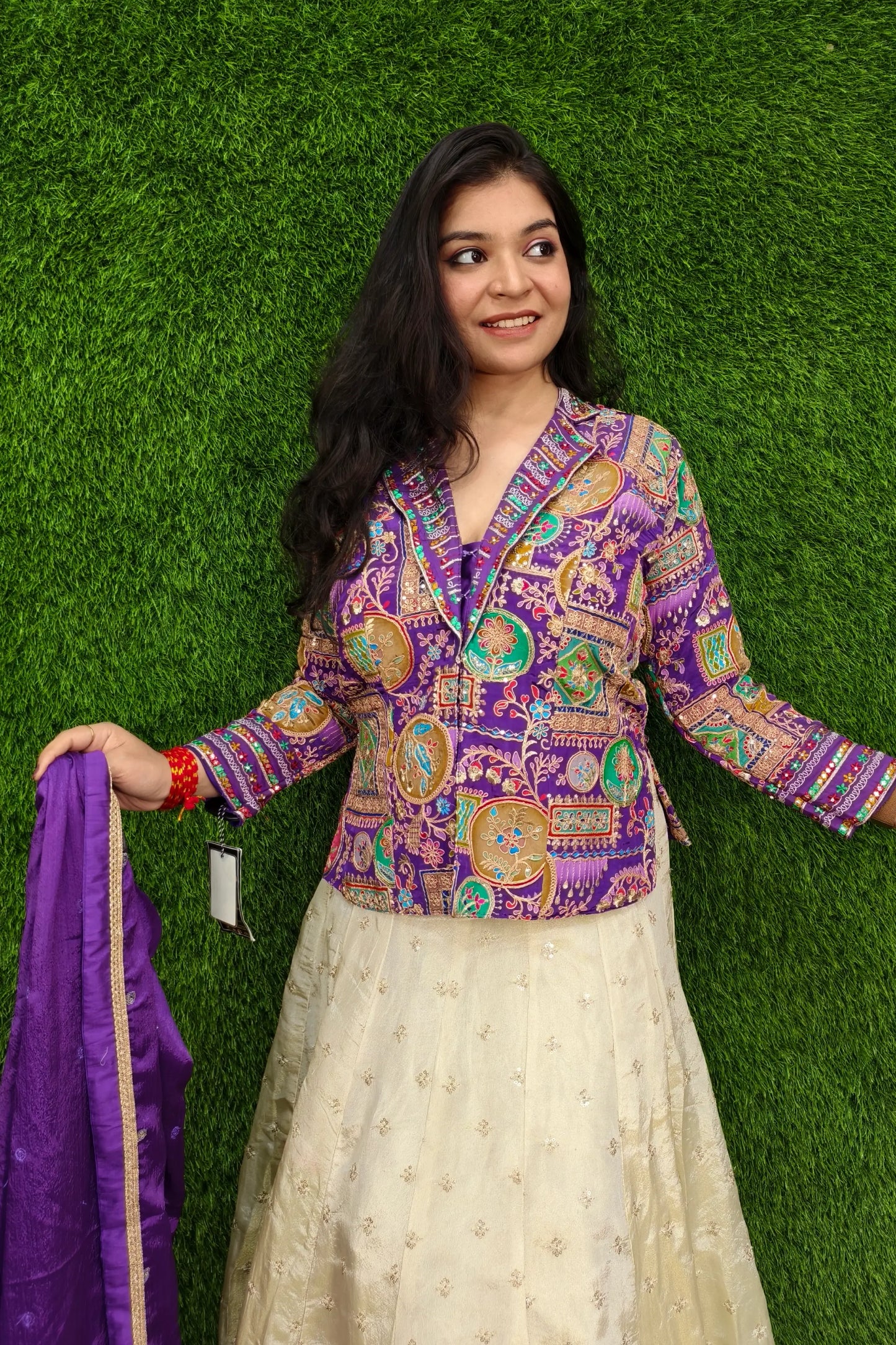 Indo Western Dress with Multi Embroidered Short Top In Purple