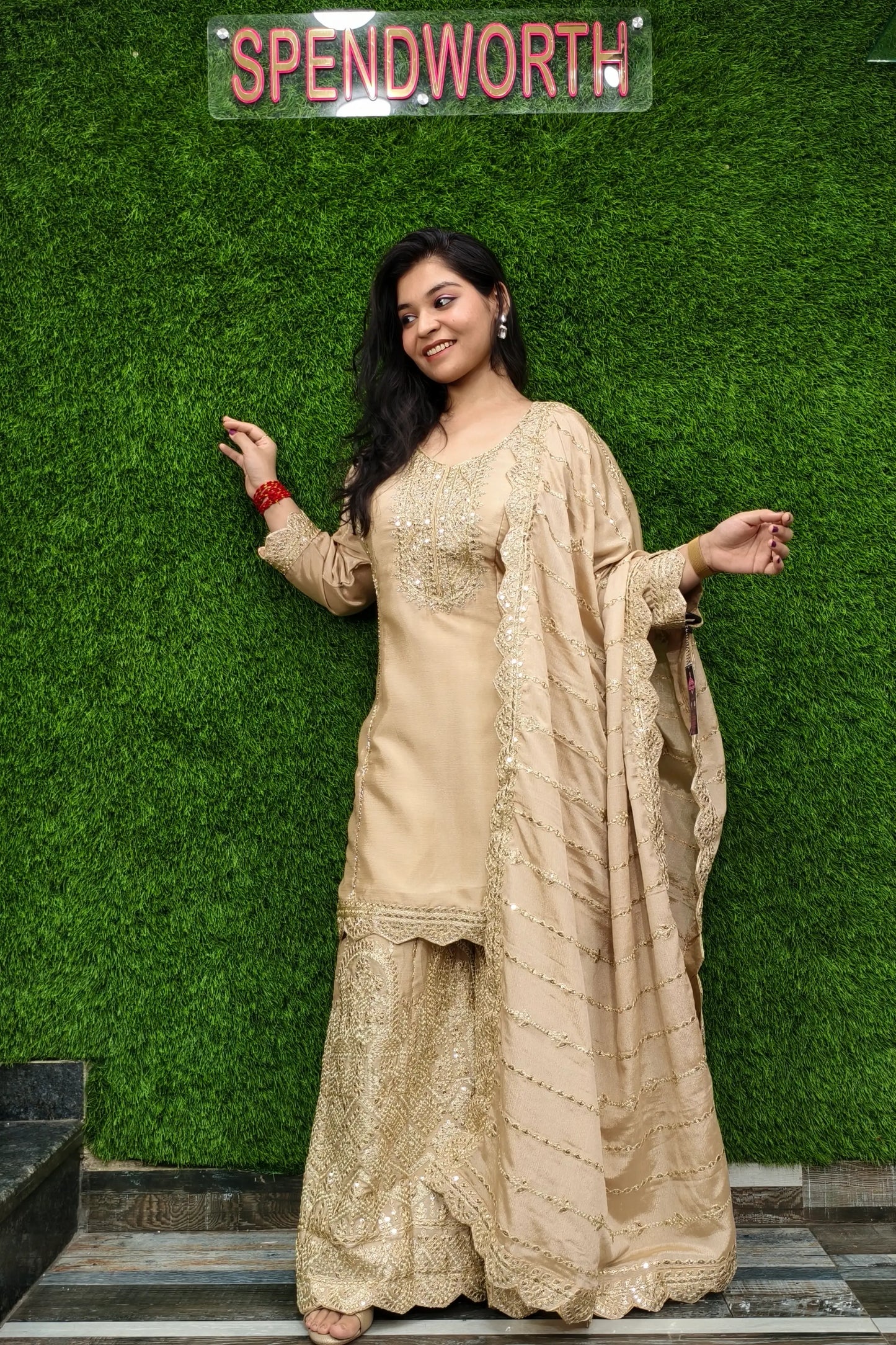 Heavy Embroidered Silk Sharara Suit In Golden