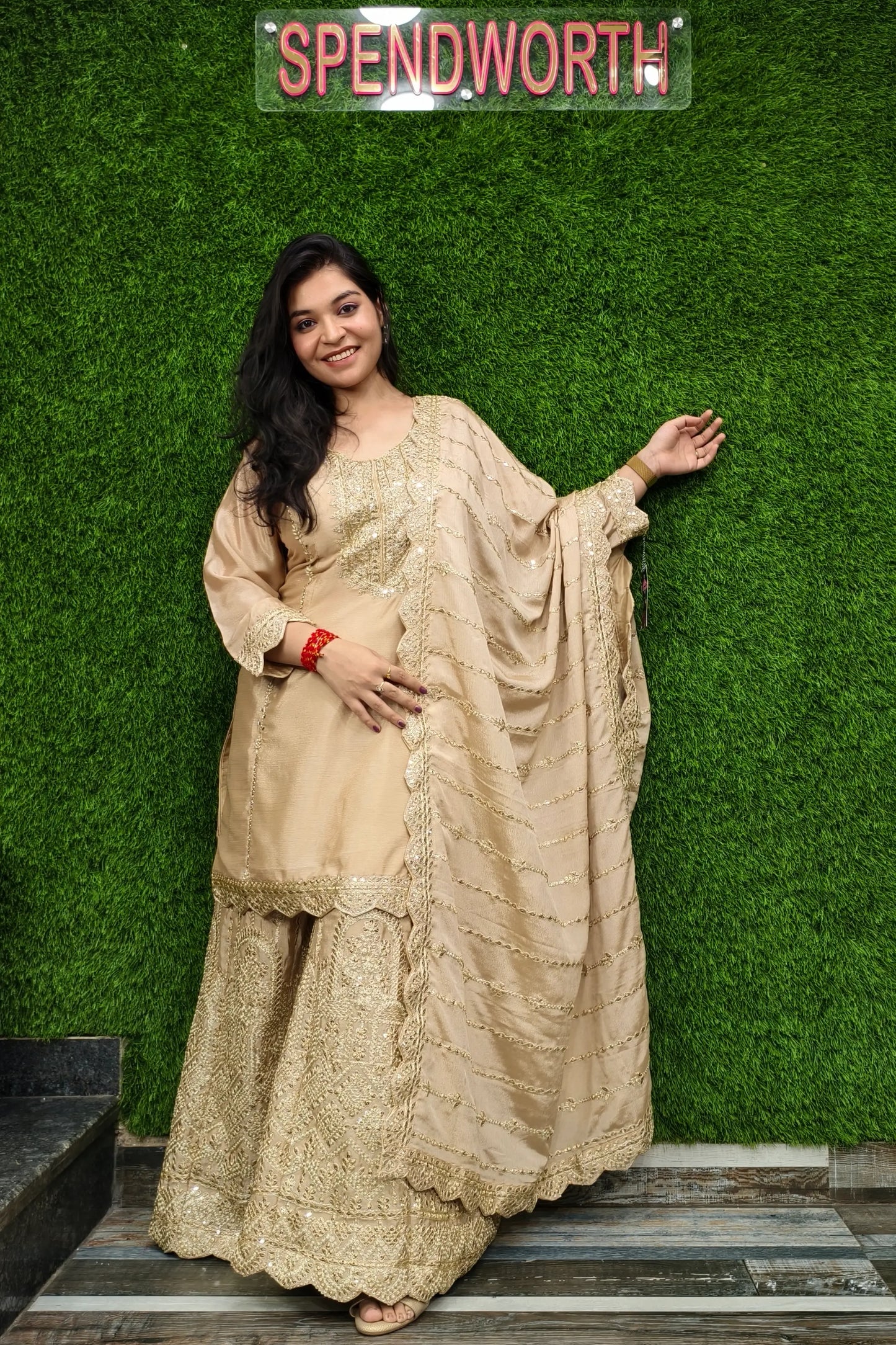 Heavy Embroidered Silk Sharara Suit In Golden