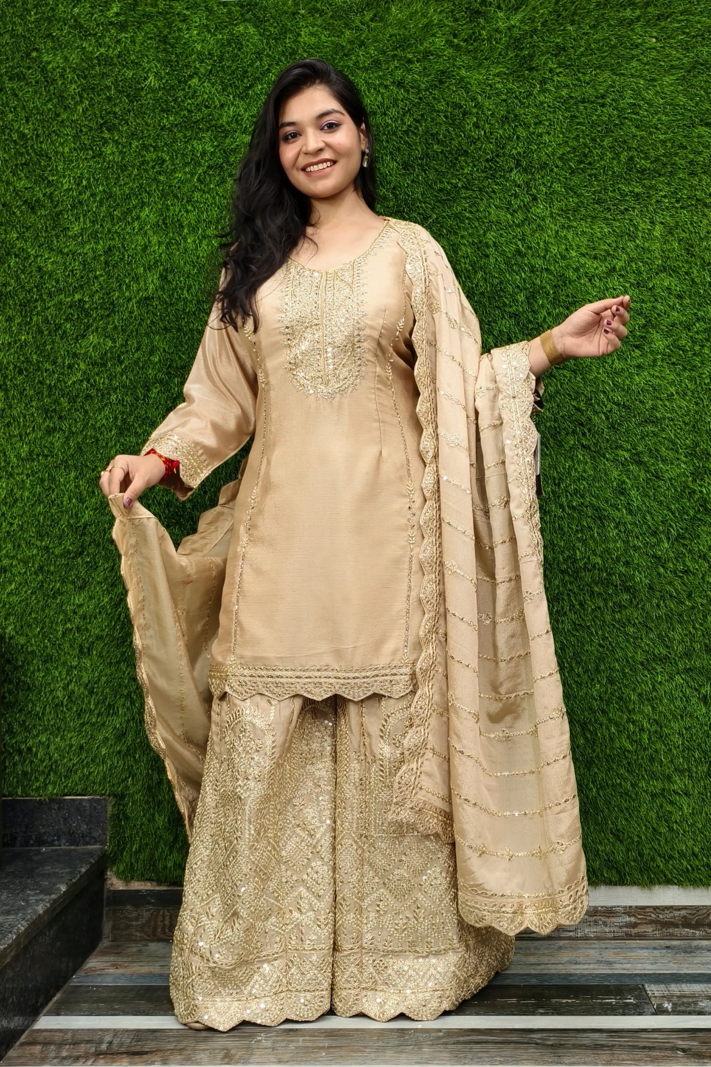 Heavy Embroidered Silk Sharara Suit In Golden