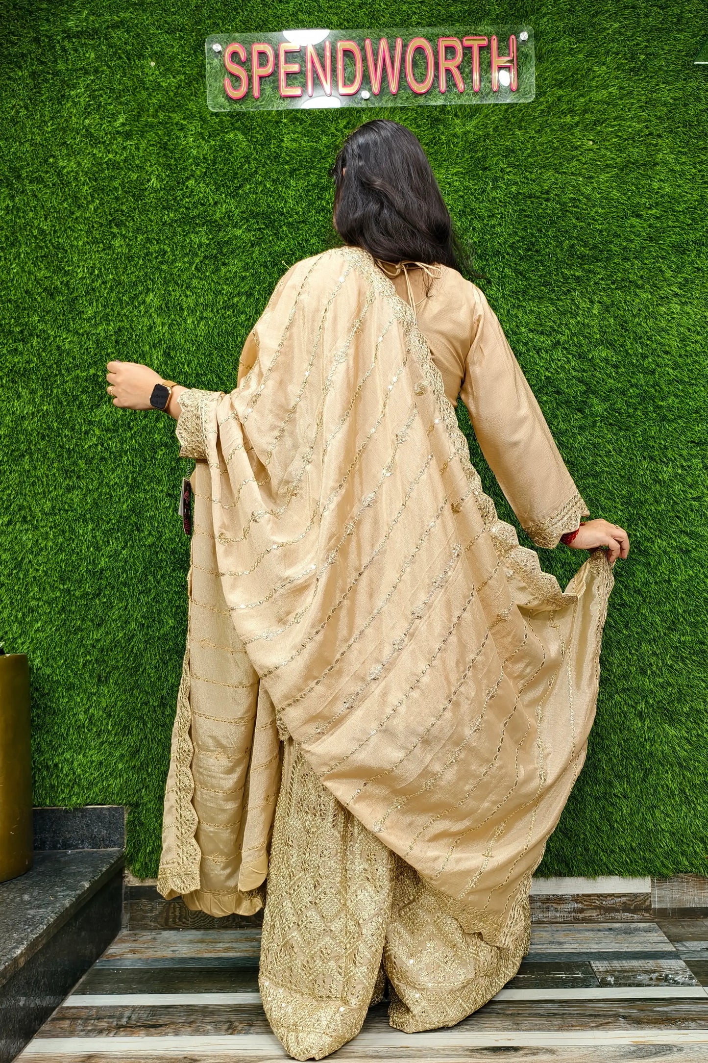 Heavy Embroidered Silk Sharara Suit In Golden