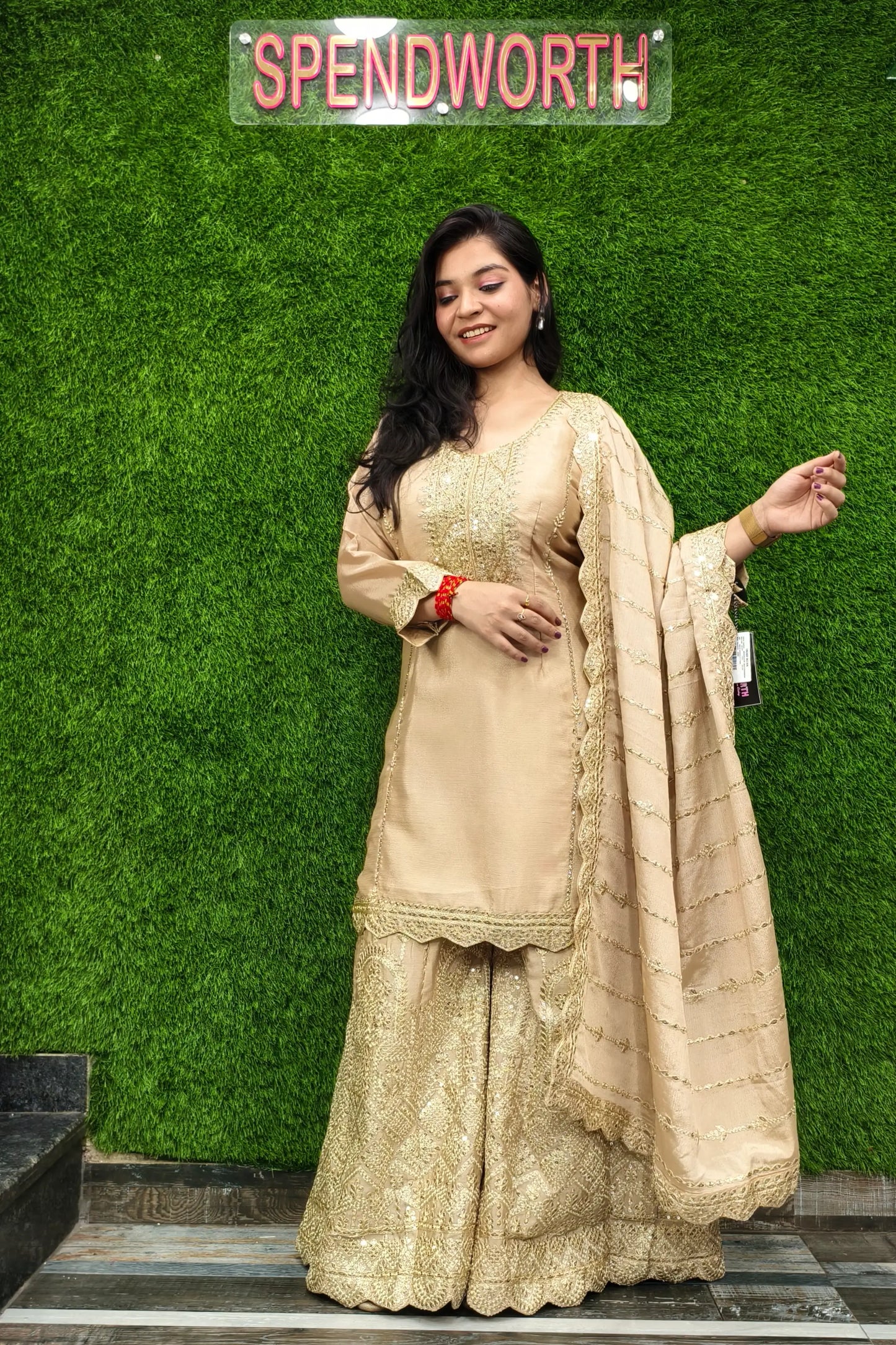 Heavy Embroidered Silk Sharara Suit In Golden