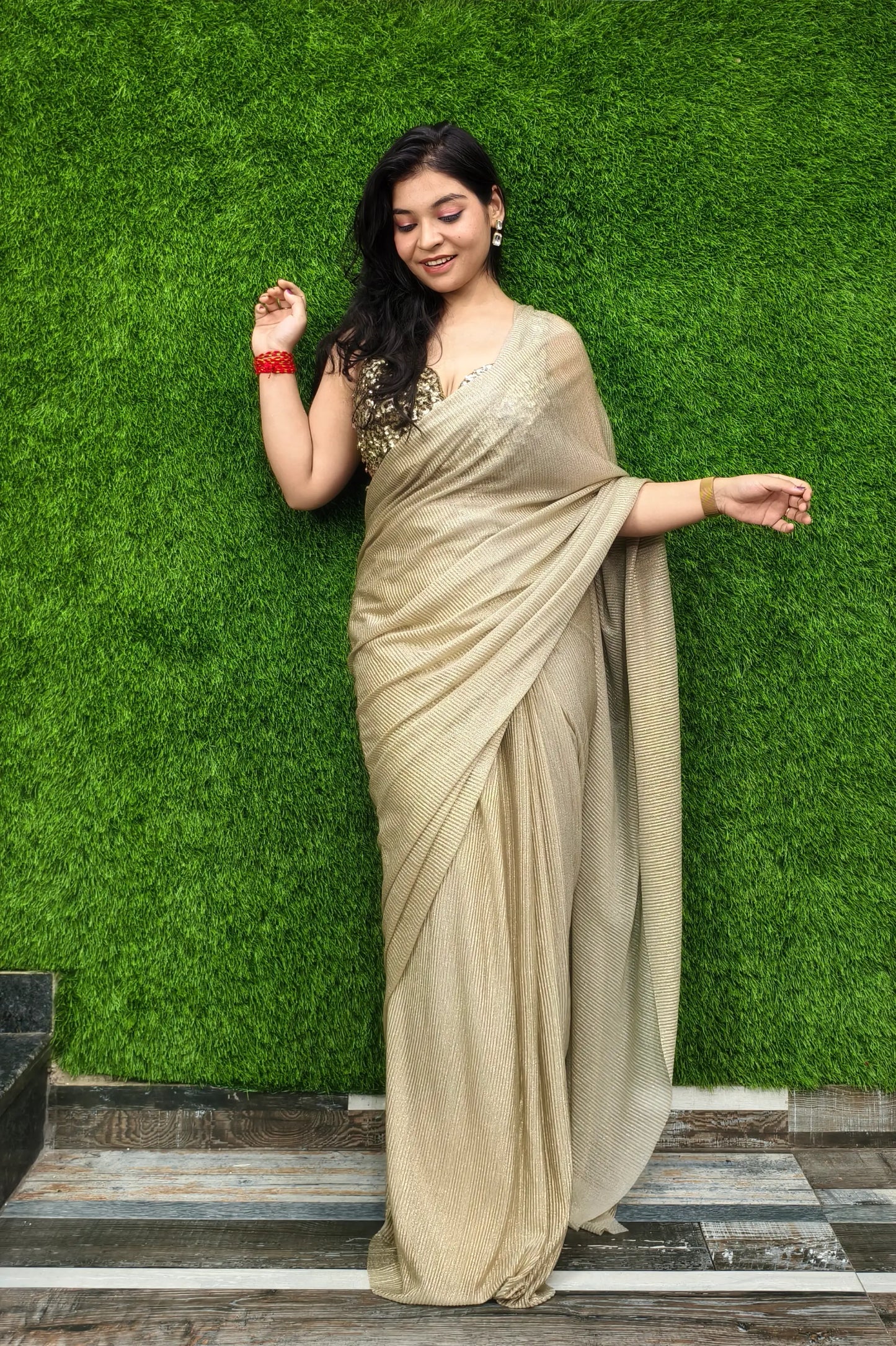 Beautiful Pre draped Saree With Beautiful Readymade Blouse In Golden