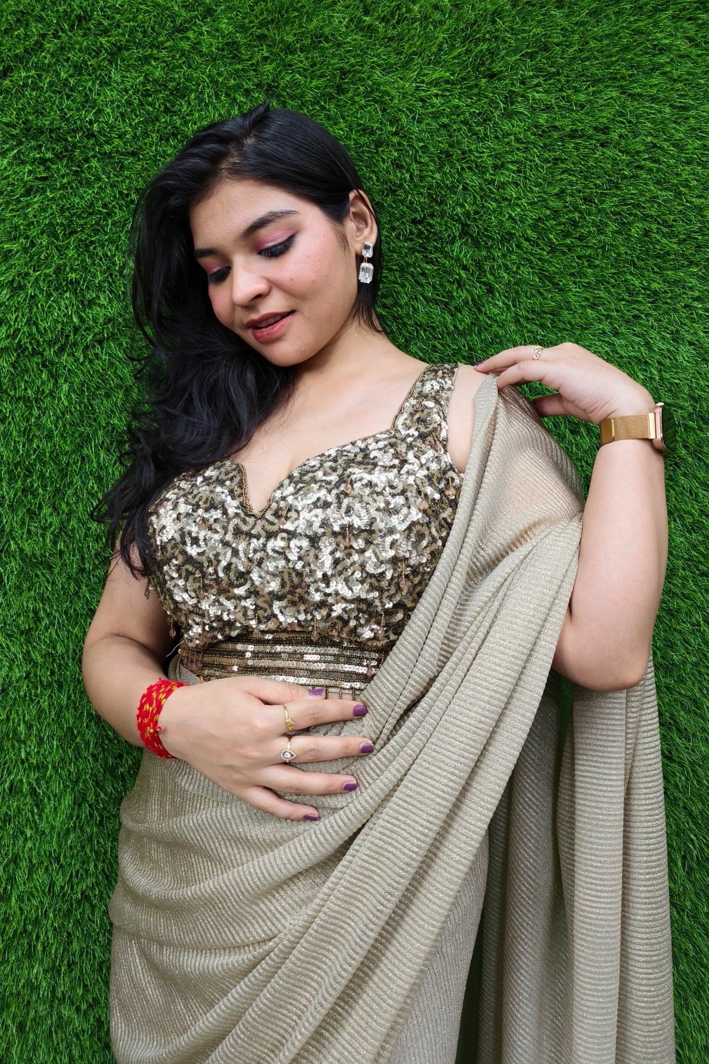 Beautiful Pre draped Saree With Beautiful Readymade Blouse In Golden
