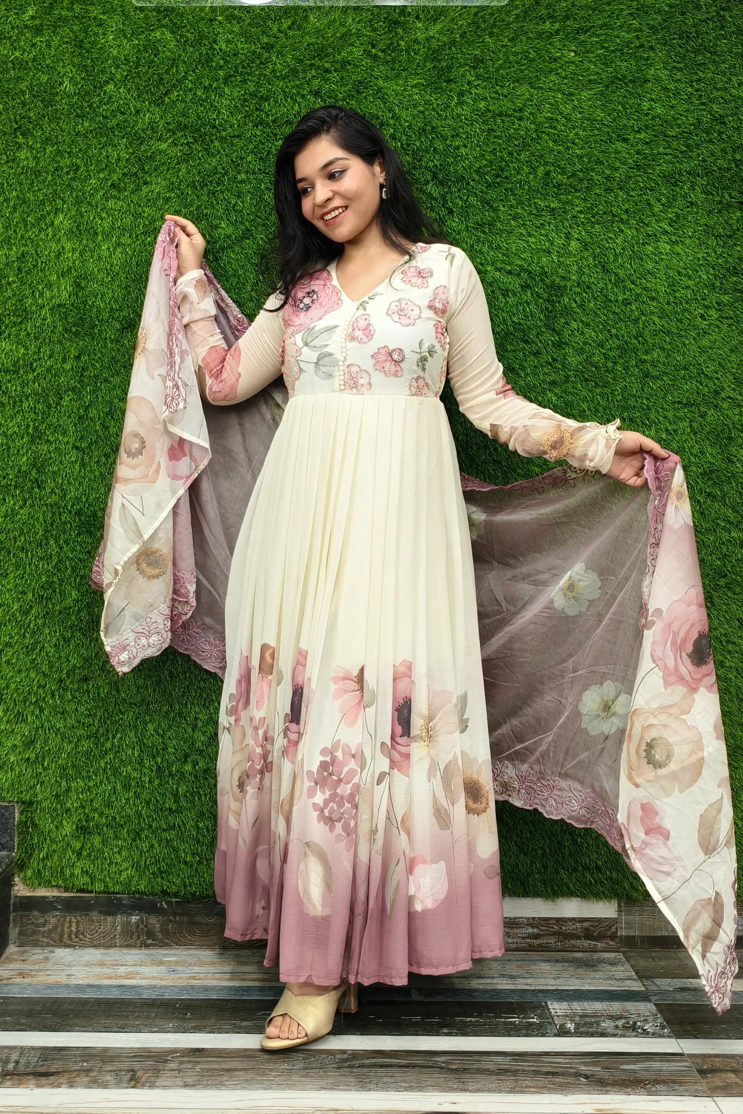 Pure Chiffon Printed Anarkali Partywear Kurta Set With Duppatta
