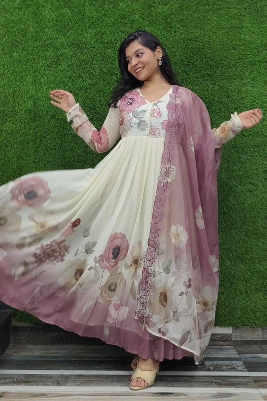 Pure Chiffon Printed Anarkali Partywear Kurta Set With Duppatta
