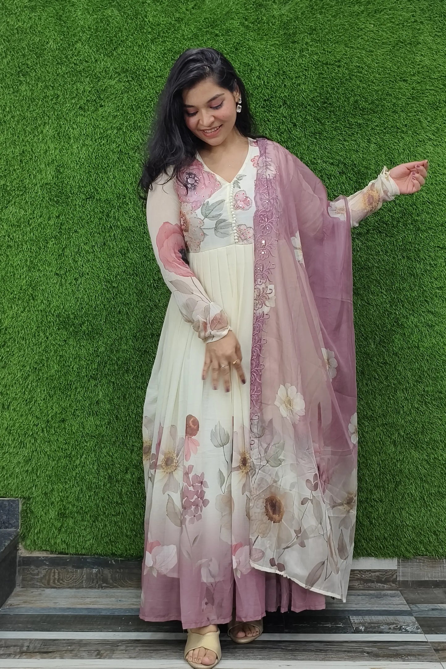 Pure Chiffon Printed Anarkali Partywear Kurta Set With Duppatta