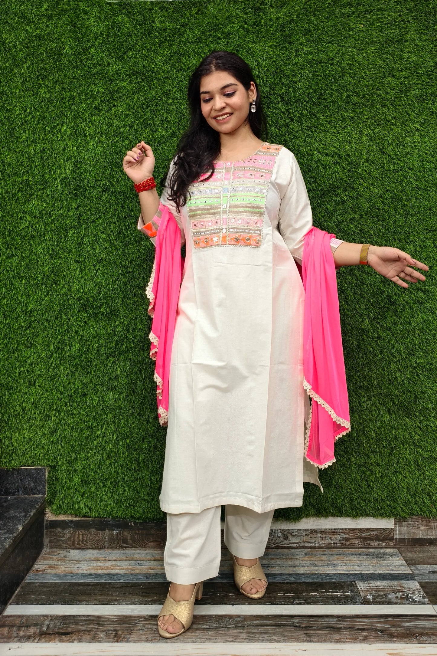 Khadi Cotton Neon Embroidery Suit With Contrast Duppatta