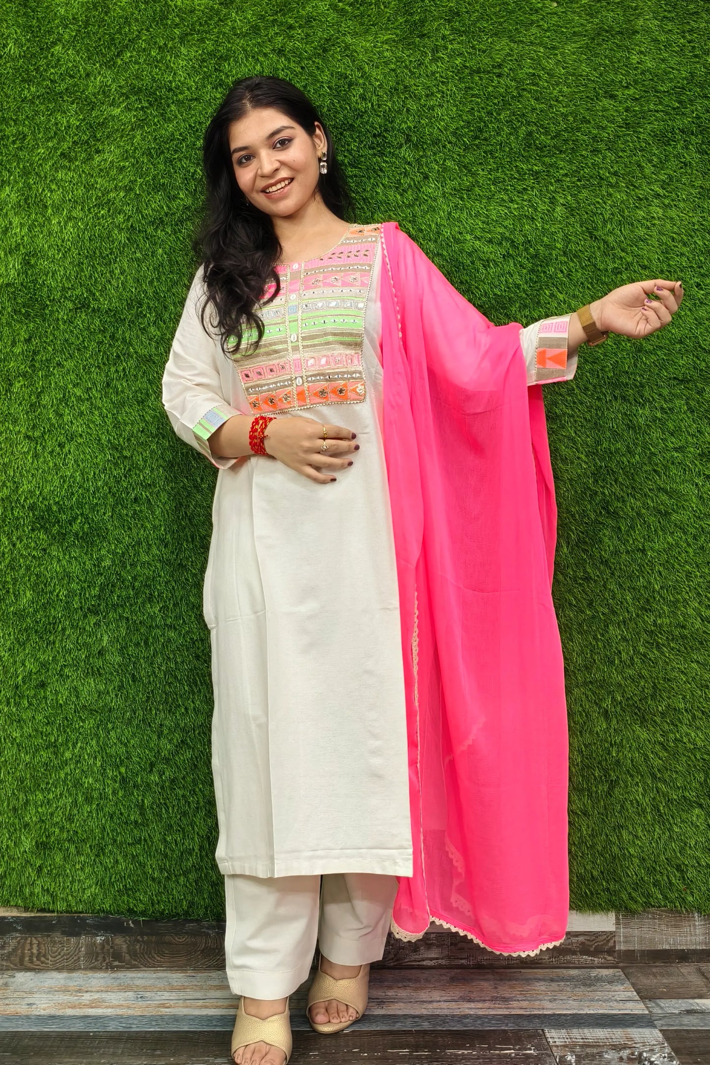 Khadi Cotton Neon Embroidery Suit With Contrast Duppatta