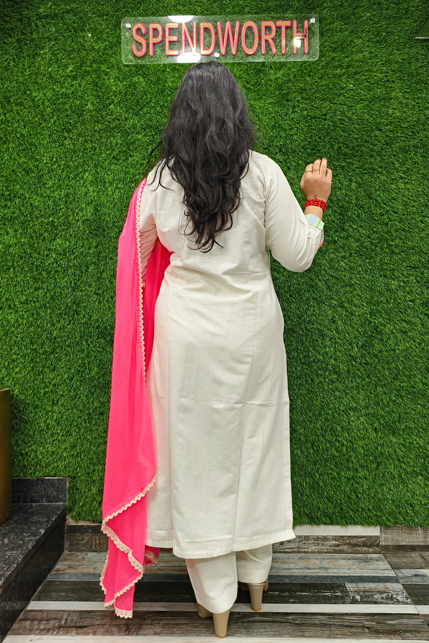 Khadi Cotton Neon Embroidery Suit With Contrast Duppatta