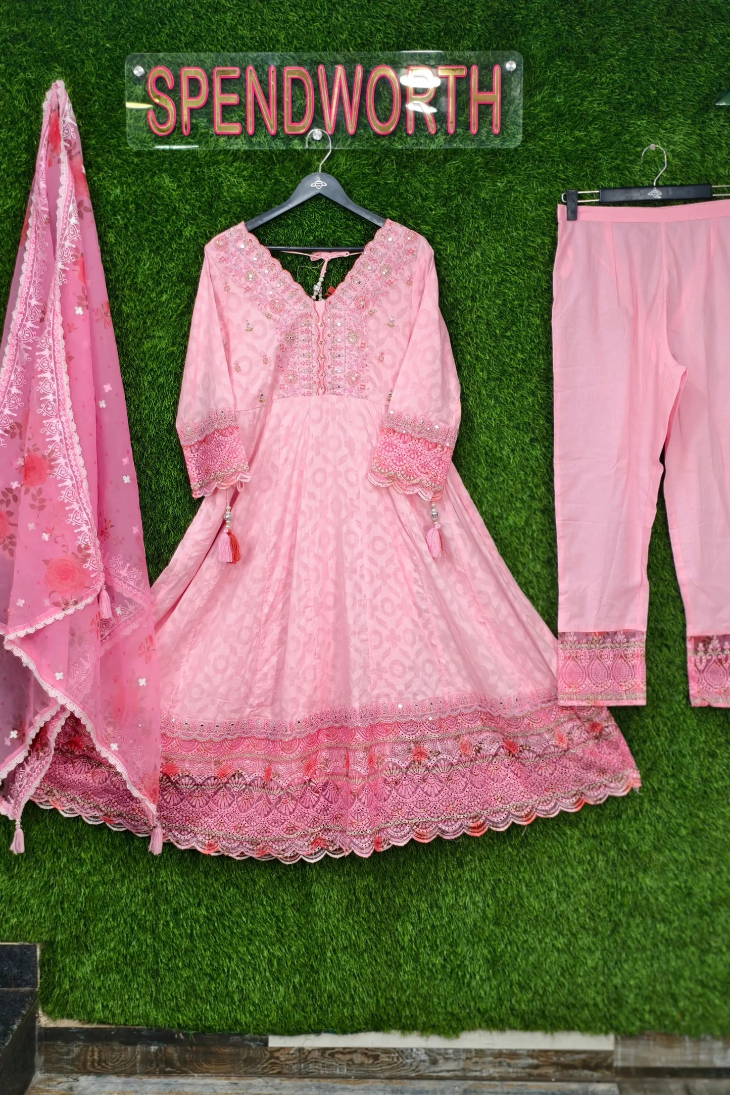 Cotton Anarkali Partywear Kurta Set With Organza Duppatta