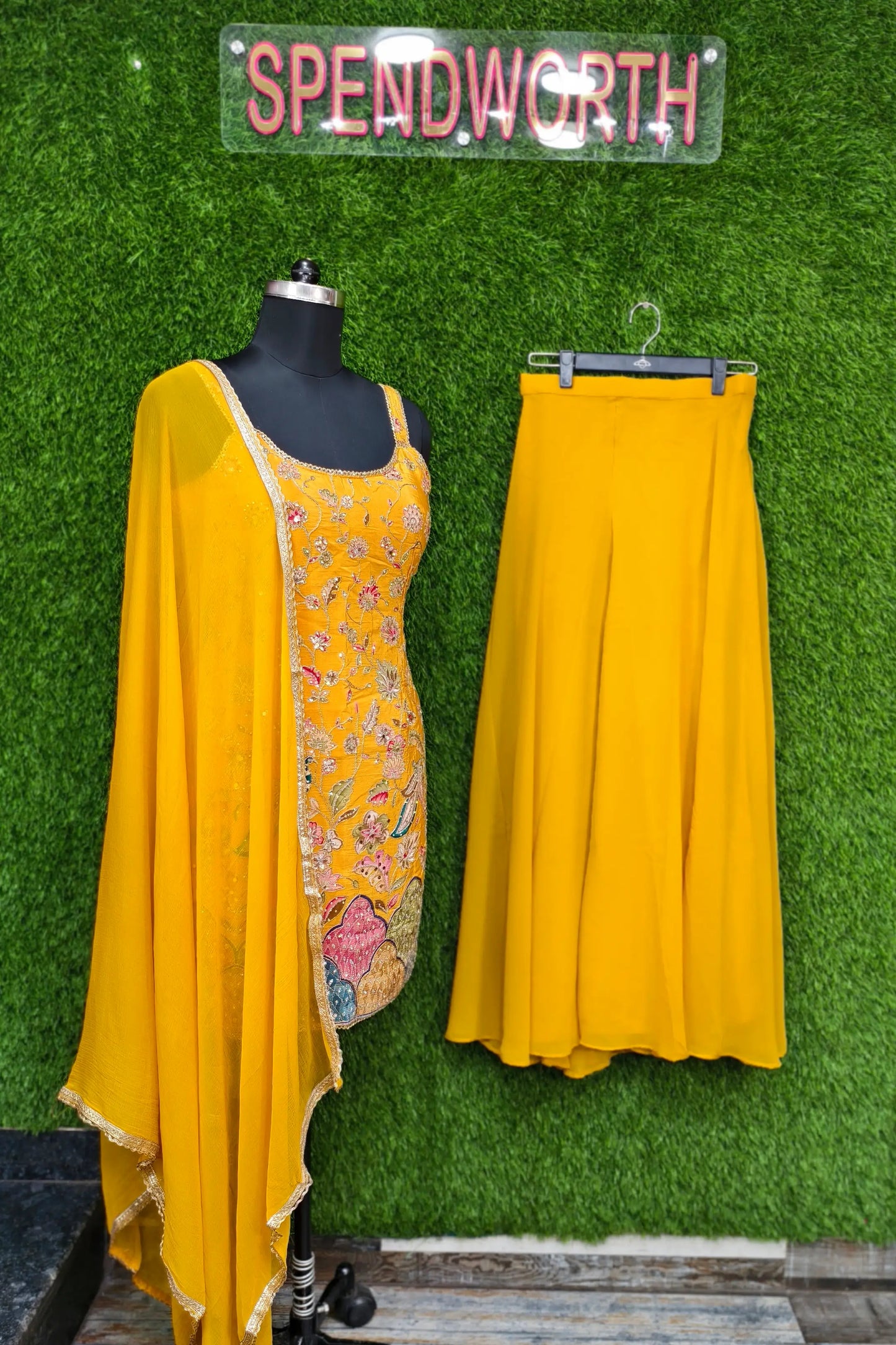 Spaghetti Style Girlish Sharara Suit In Silk