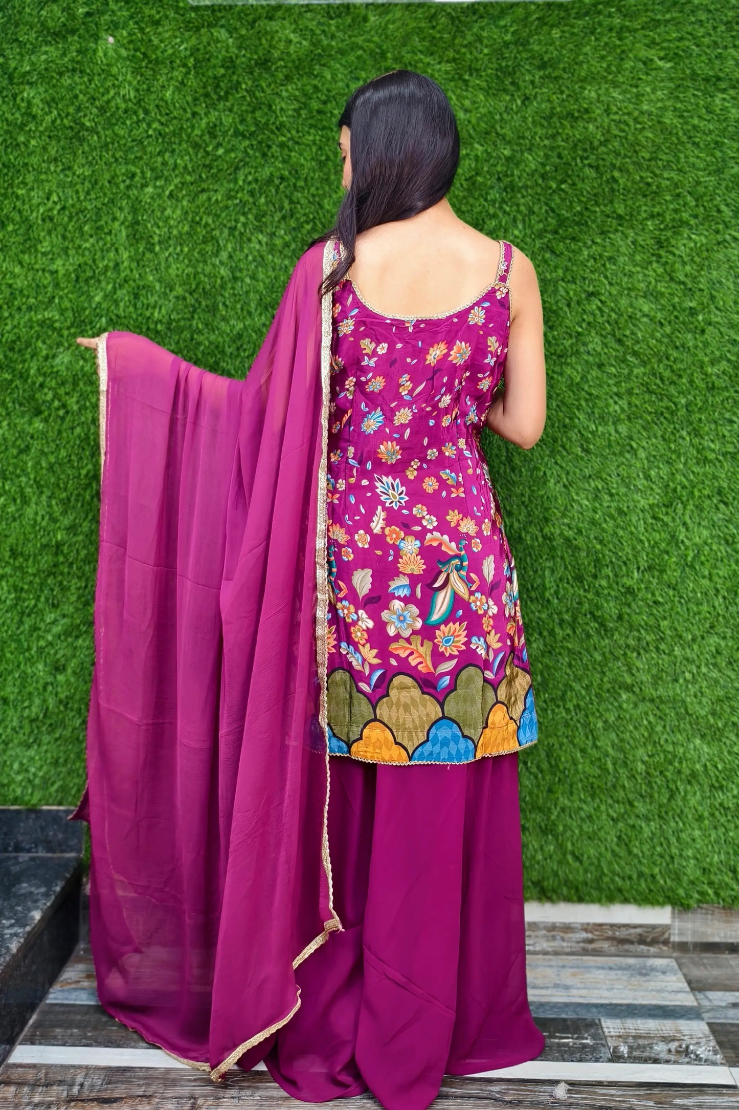Spaghetti Style Girlish Sharara Suit In Silk