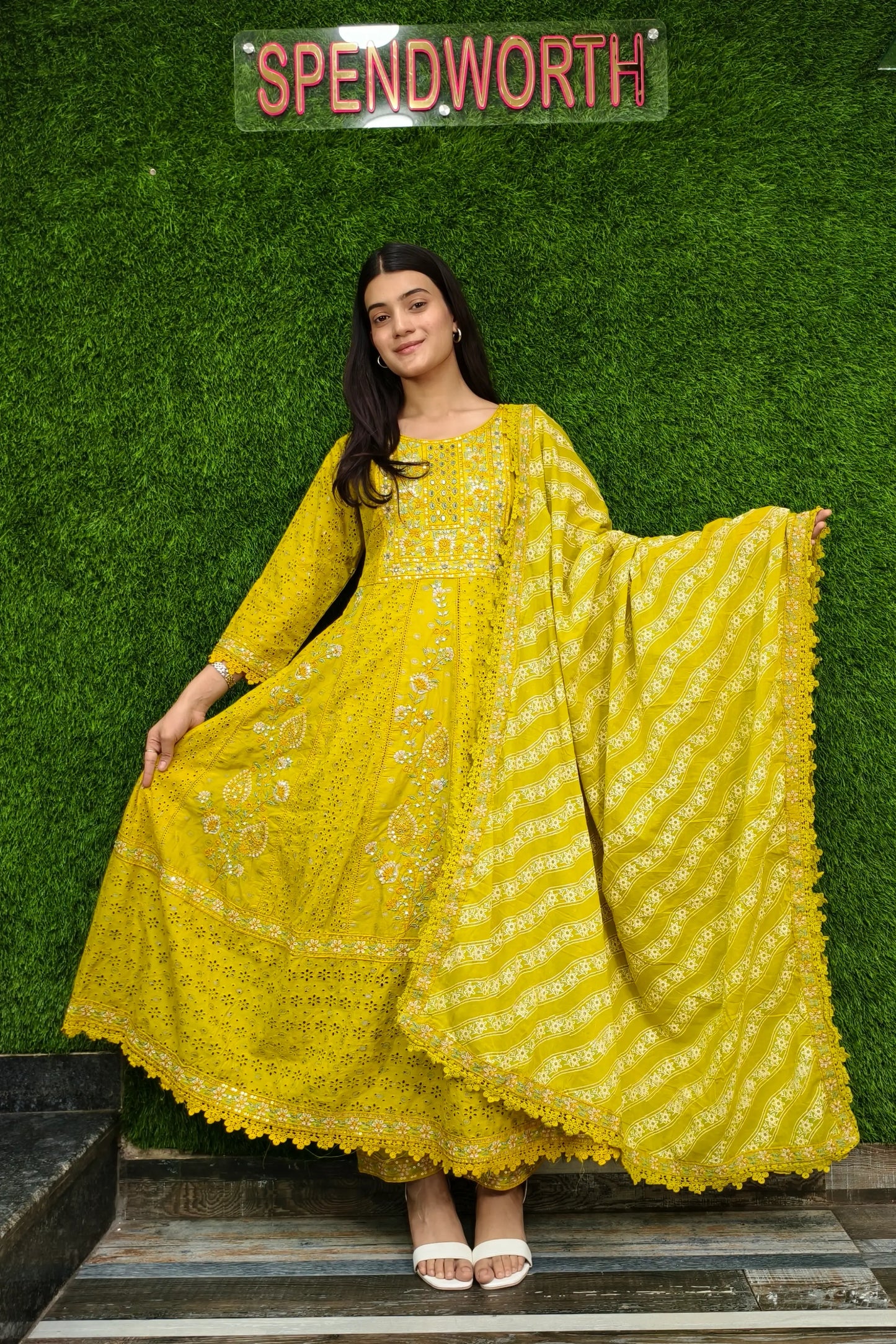 Pakistani Anarkali Chikan Embroidered Kurta set In Mustard