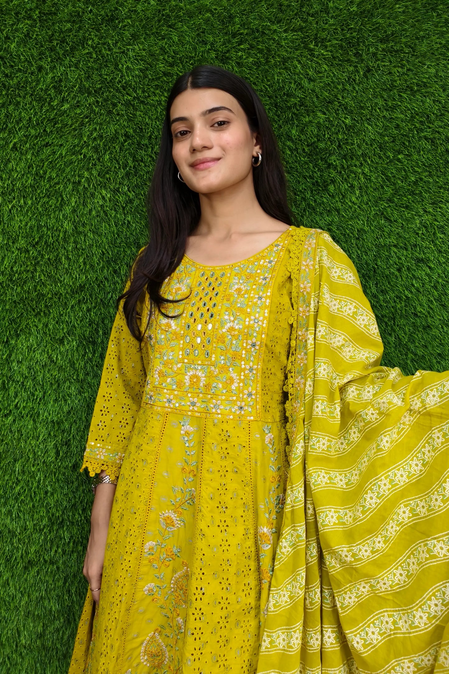 Pakistani Anarkali Chikan Embroidered Kurta set In Mustard