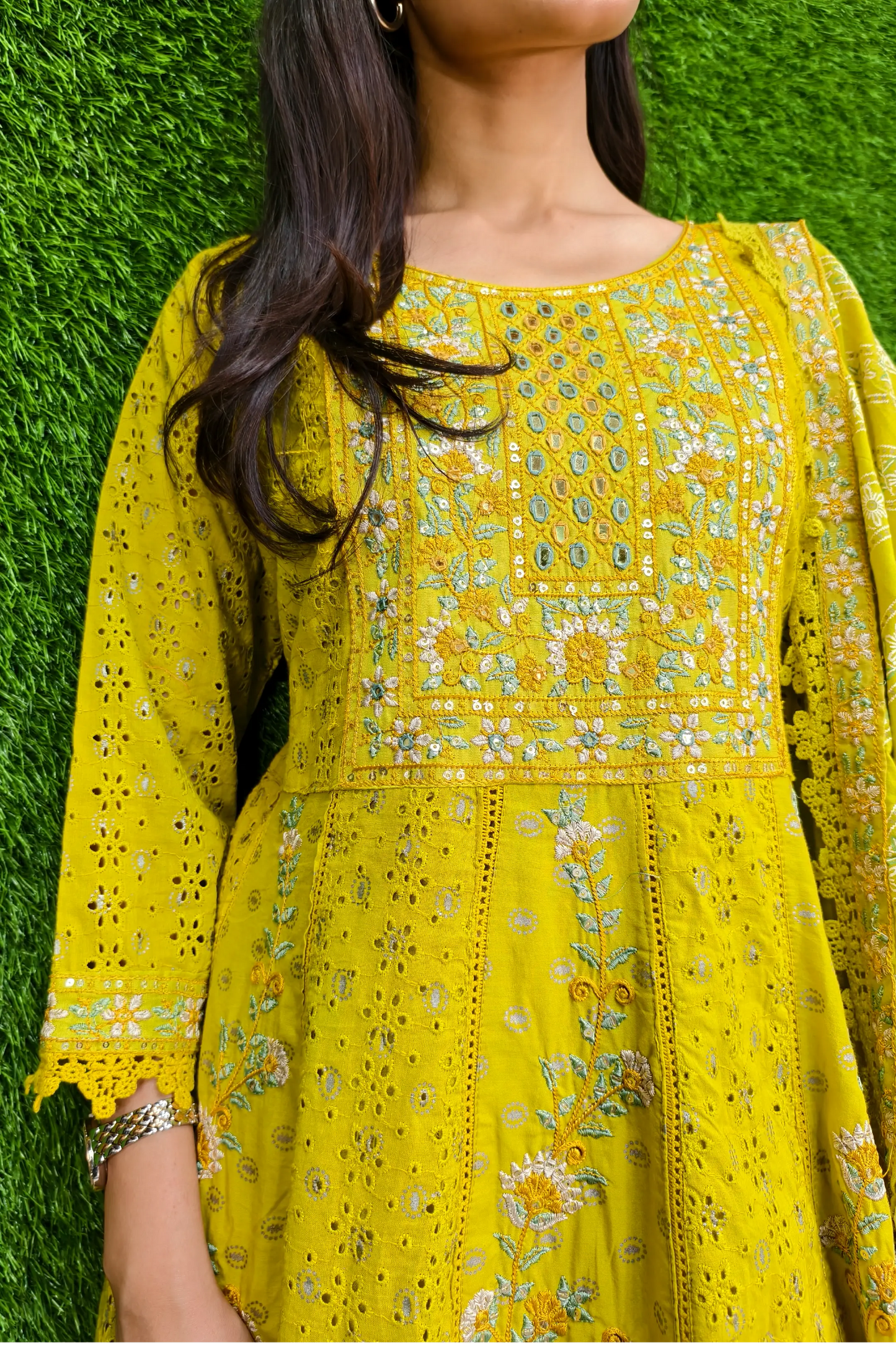 Pakistani Anarkali Chikan Embroidered Kurta set In Mustard
