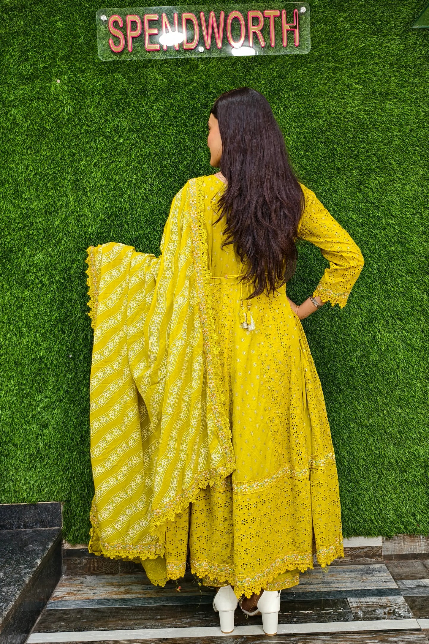 Pakistani Anarkali Chikan Embroidered Kurta set In Mustard