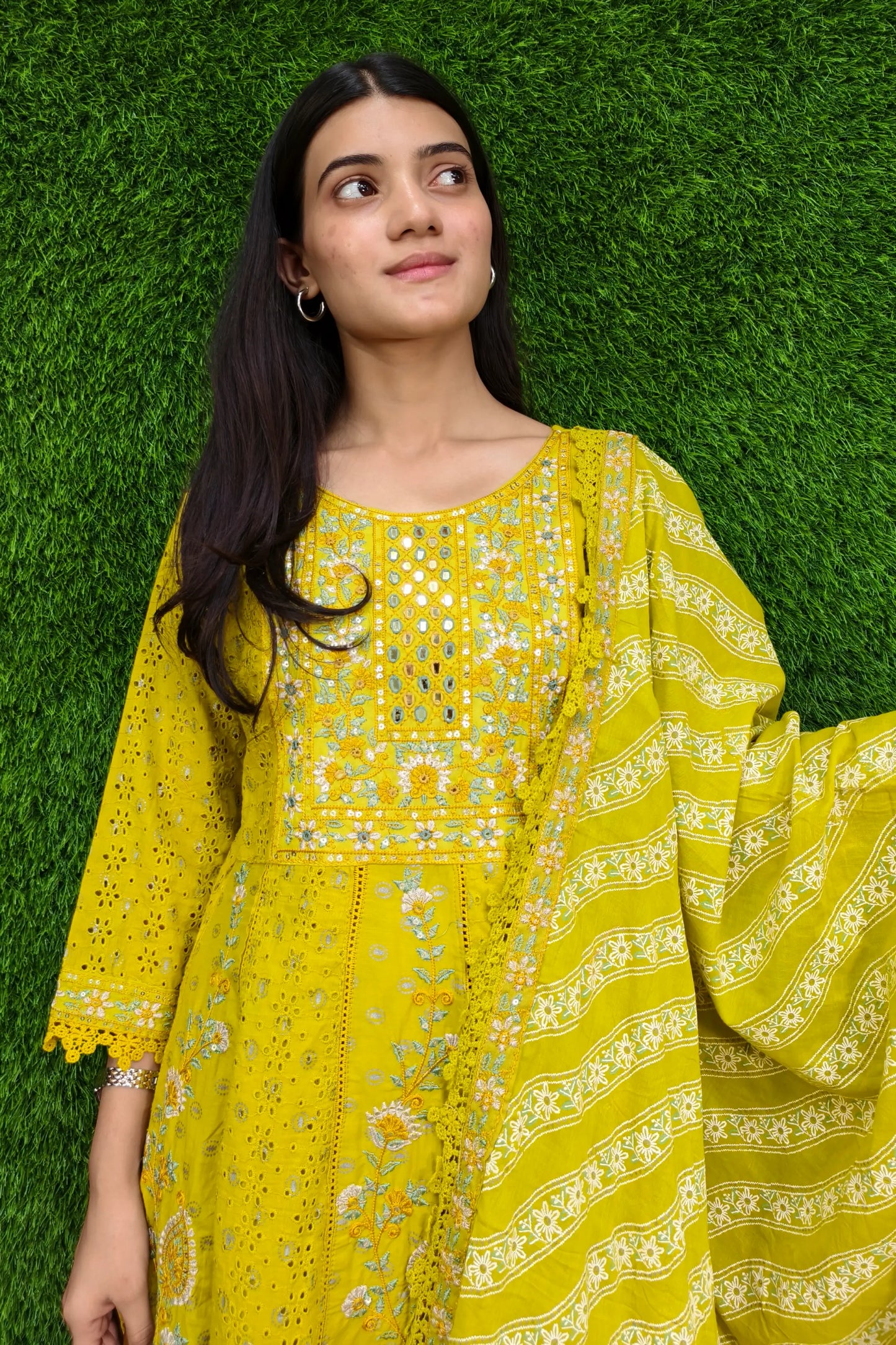 Pakistani Anarkali Chikan Embroidered Kurta set In Mustard