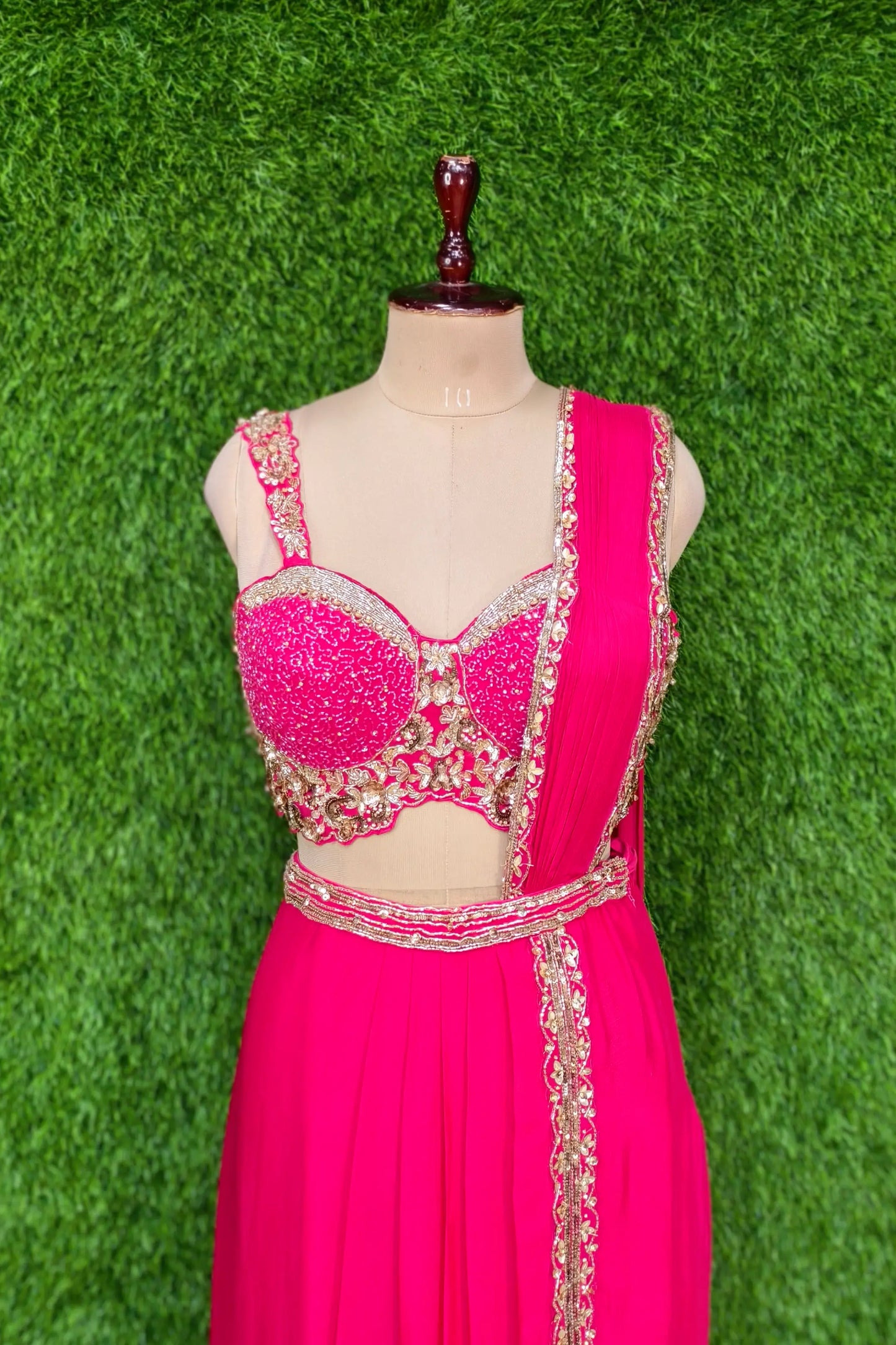 Beautiful Drape Dress With Designer Spaghetti Blouse In Hot pink