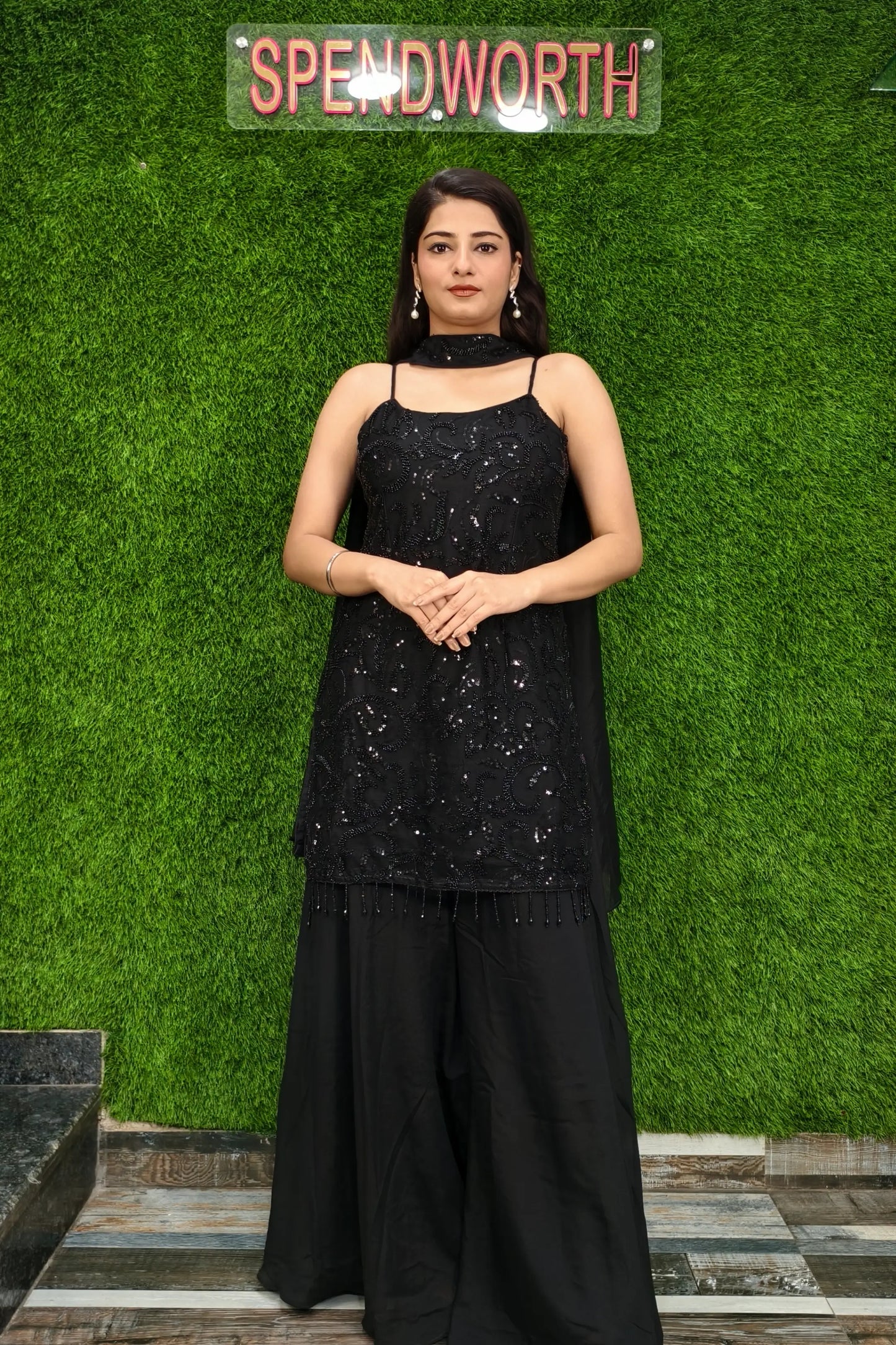 Beautiful Noodle Strap Hand Work Sharara Suit in Black
