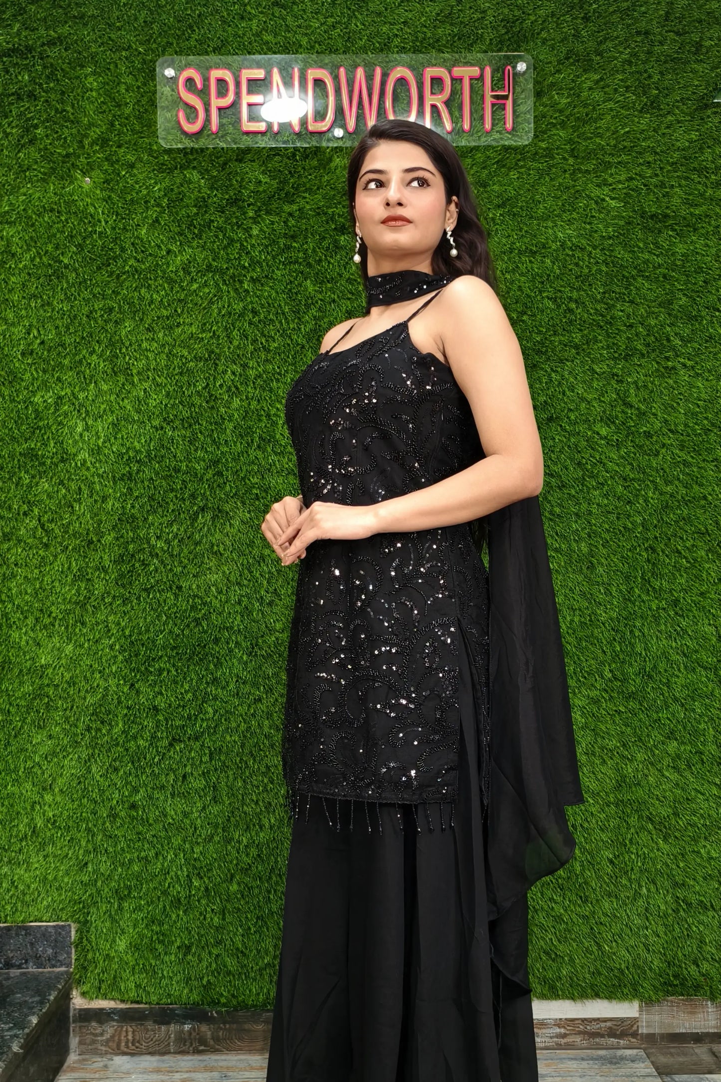 Beautiful Noodle Strap Hand Work Sharara Suit in Black