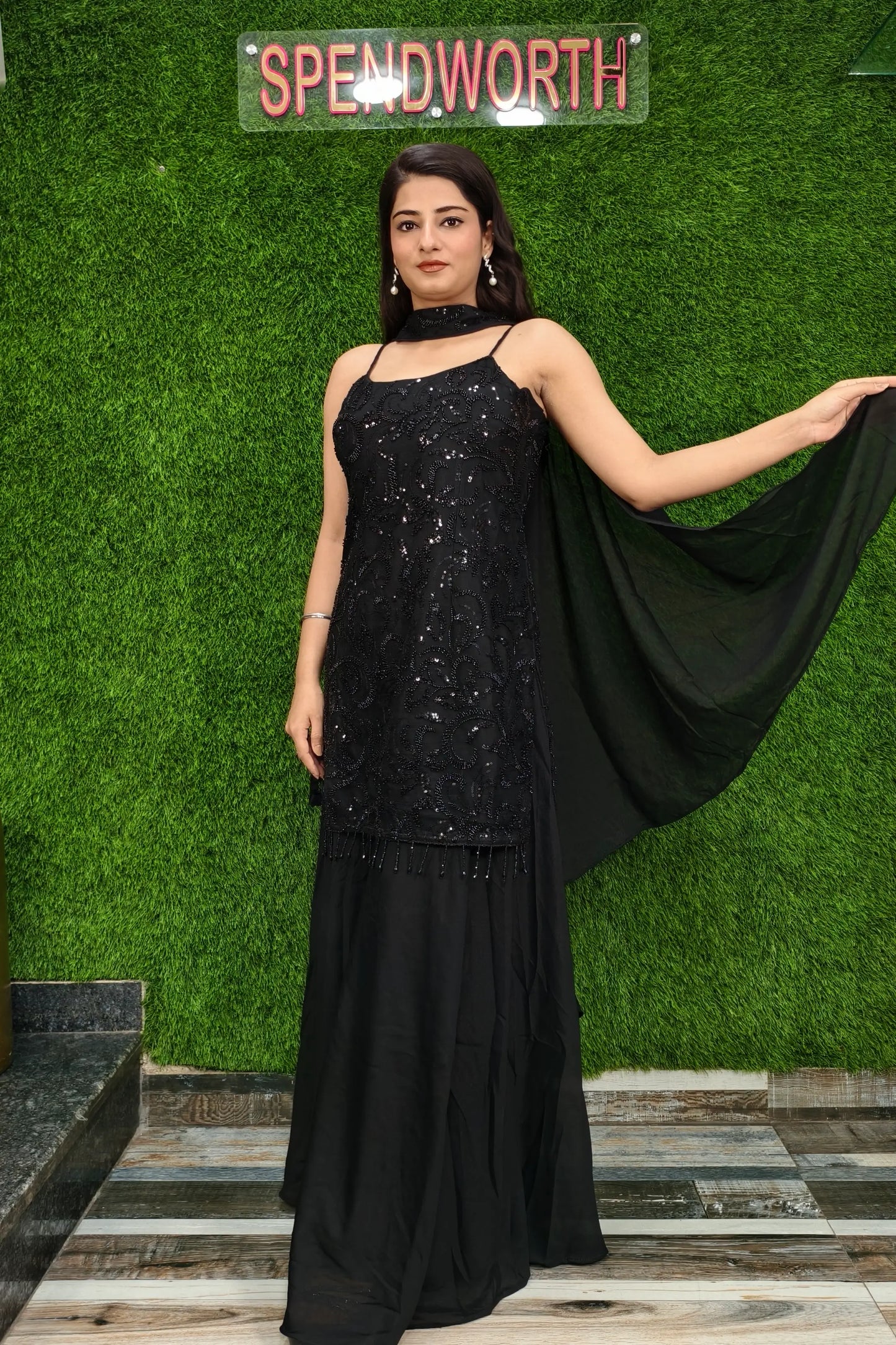 Beautiful Noodle Strap Hand Work Sharara Suit in Black