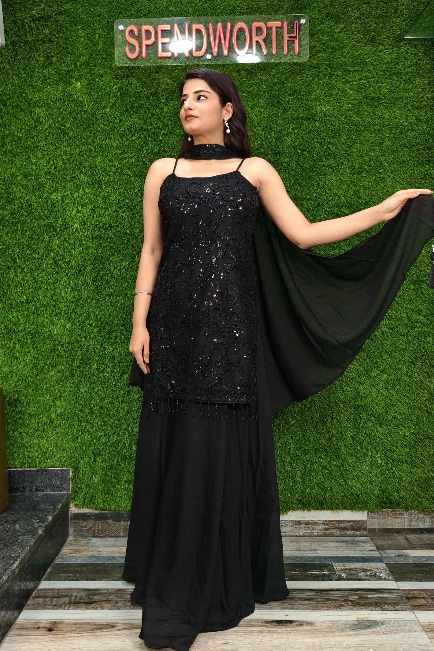 Beautiful Noodle Strap Hand Work Sharara Suit in Black