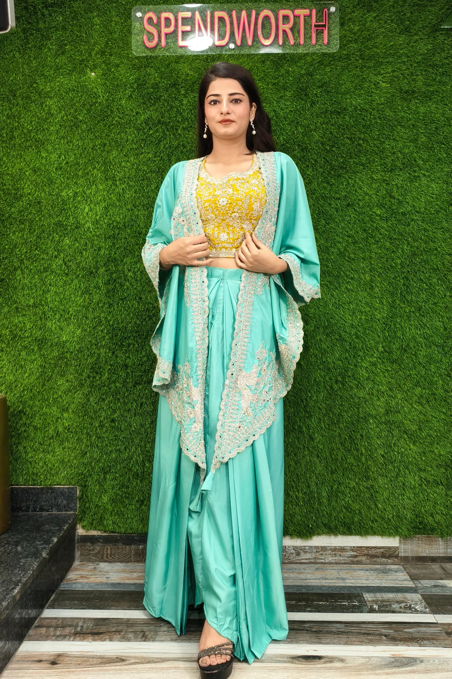 Beautiful Indo Western Dress With Designer Embroidered Cape