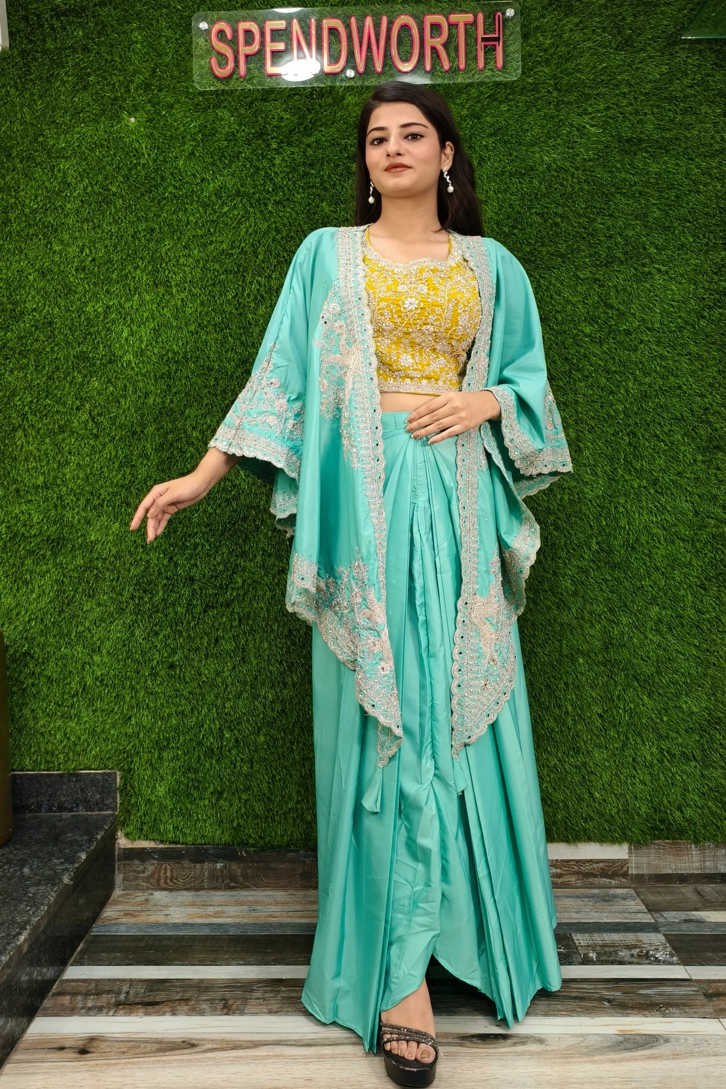 Beautiful Indo Western Dress With Designer Embroidered Cape