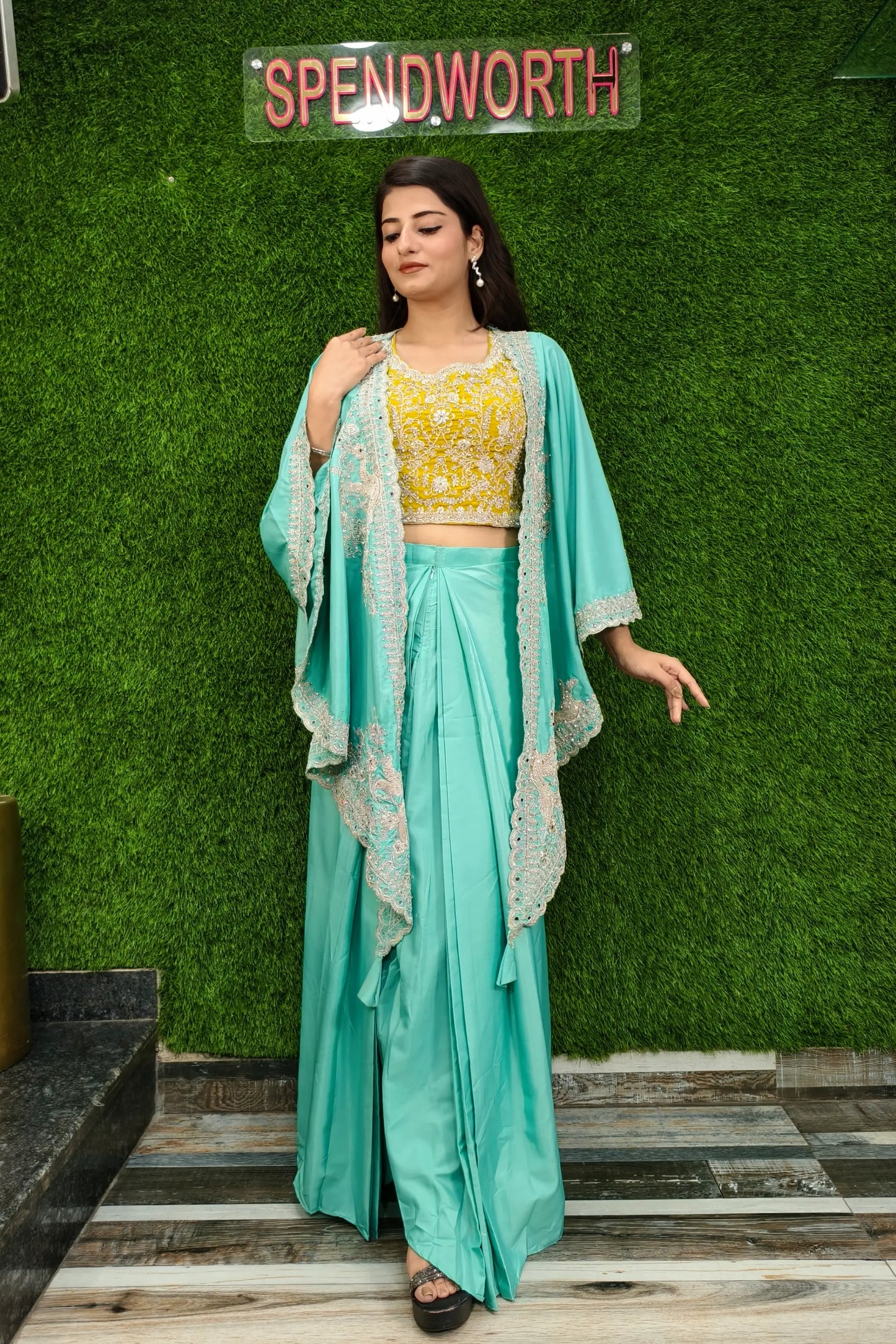 Beautiful Indo Western Dress With Designer Embroidered Cape