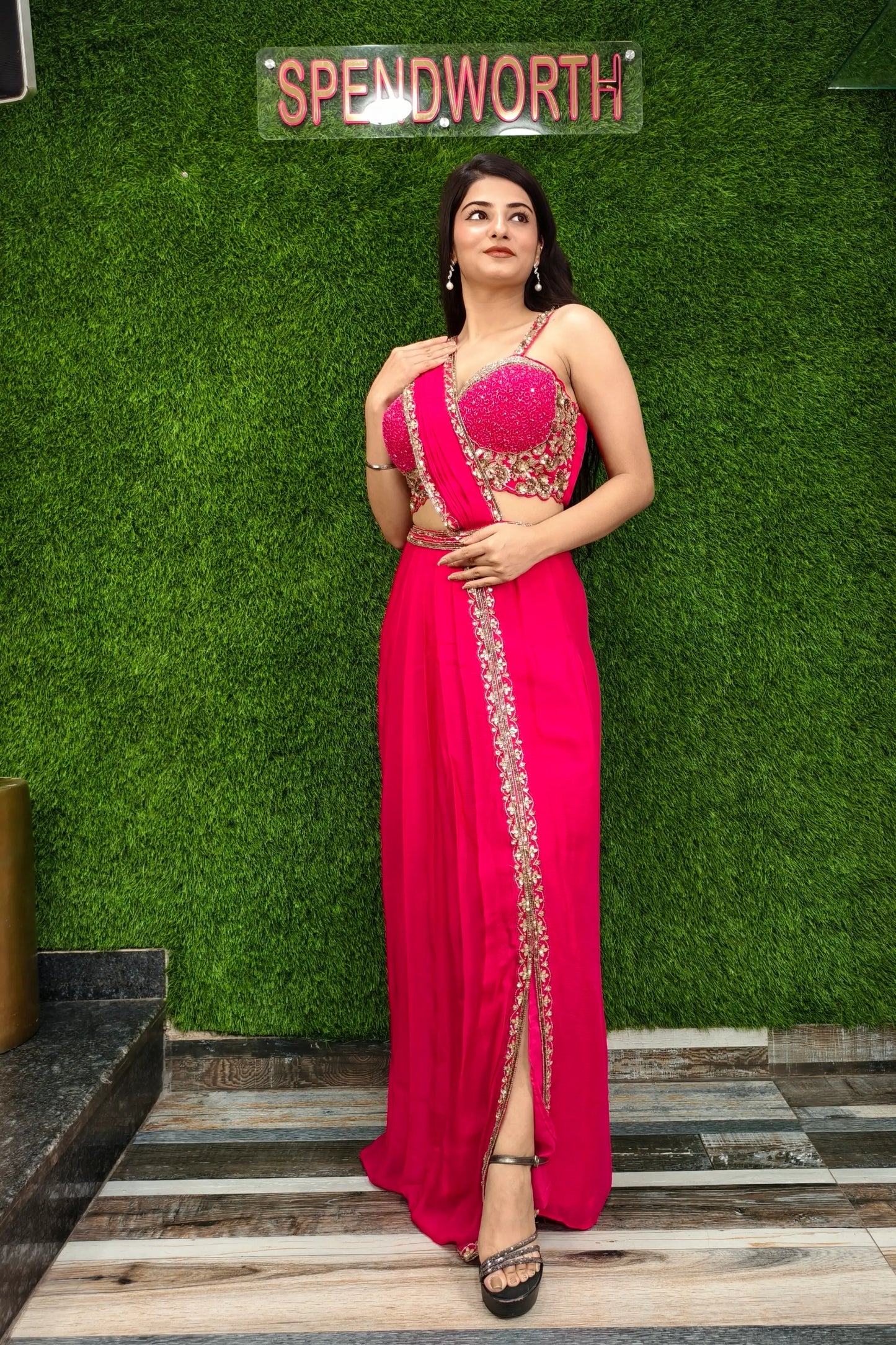 Beautiful Drape Dress With Designer Spaghetti Blouse In Hot pink