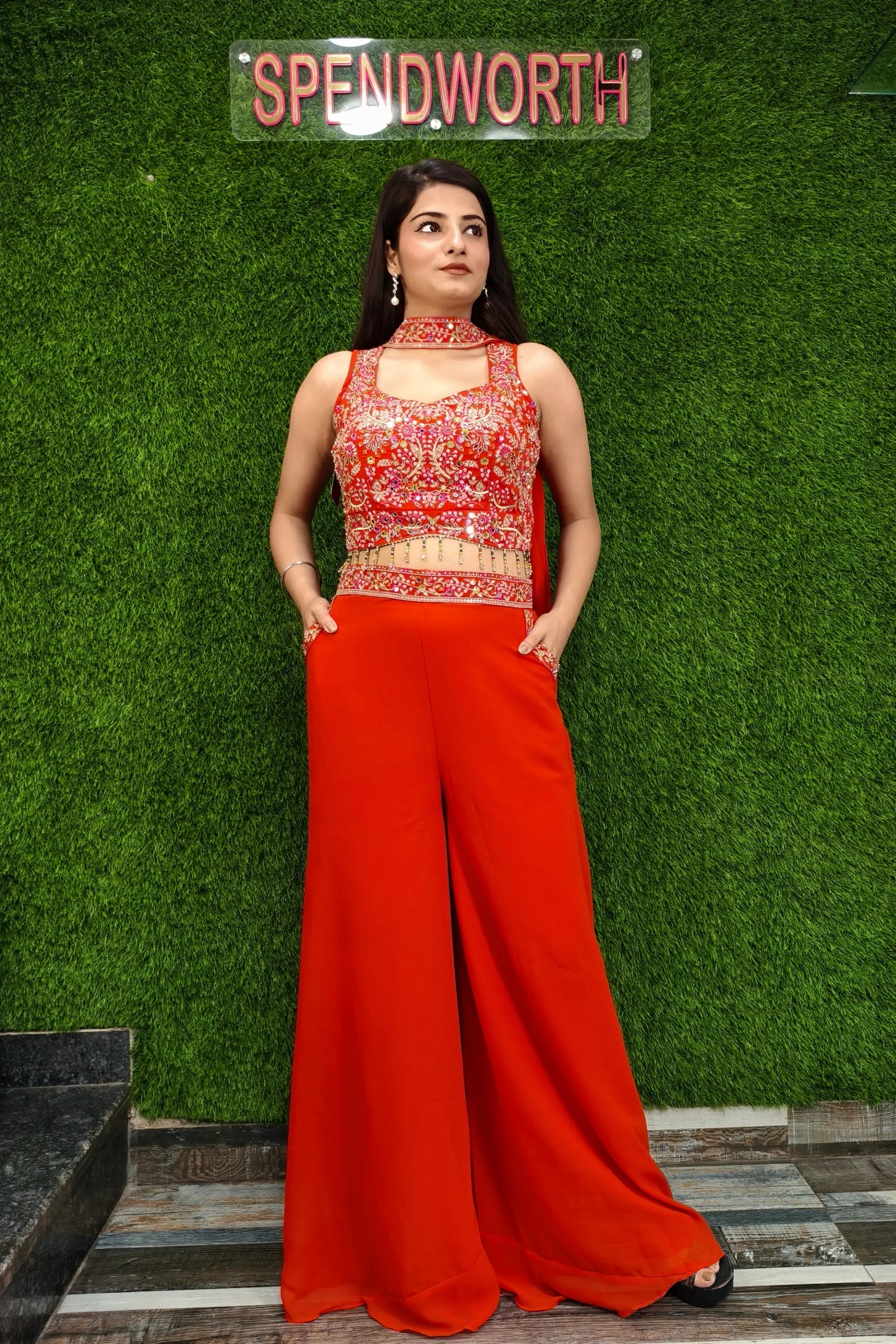 Crop Top Sharara Dress In Mirror Work Embroidery