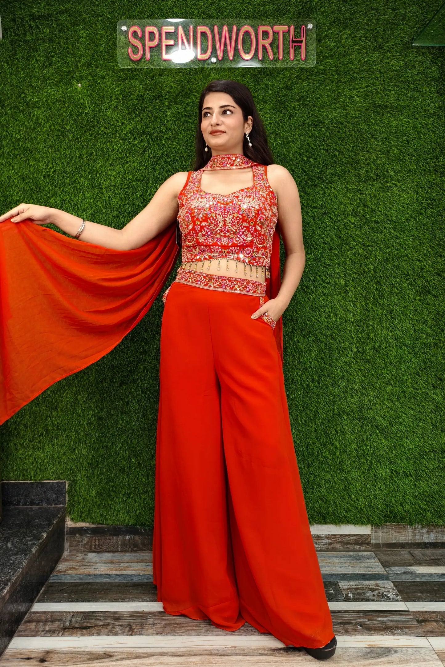 Crop Top Sharara Dress In Mirror Work Embroidery