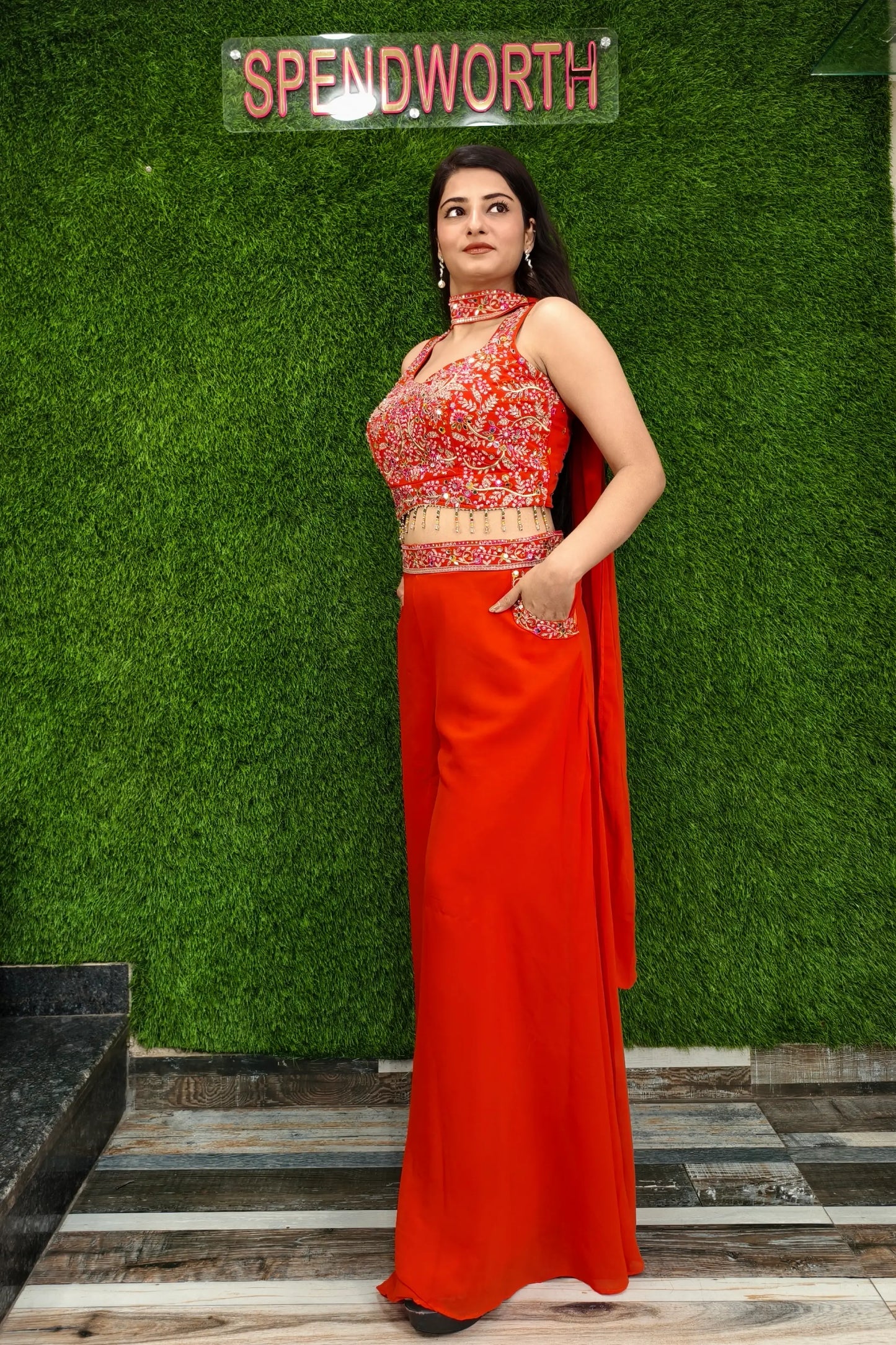 Crop Top Sharara Dress In Mirror Work Embroidery