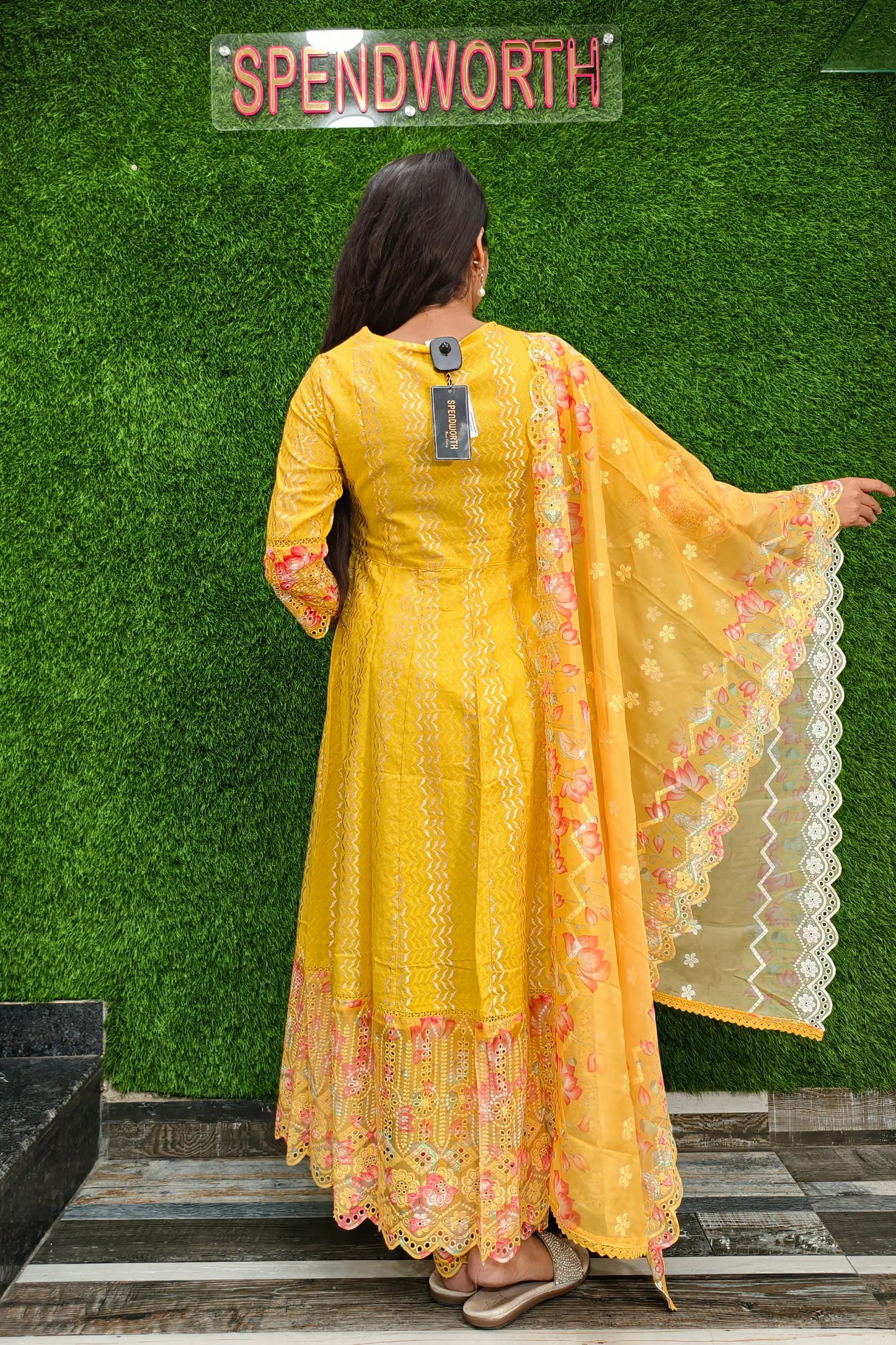 Beautiful Jacquard Cotton Anarkali Kurta set With Duppatta In yellow