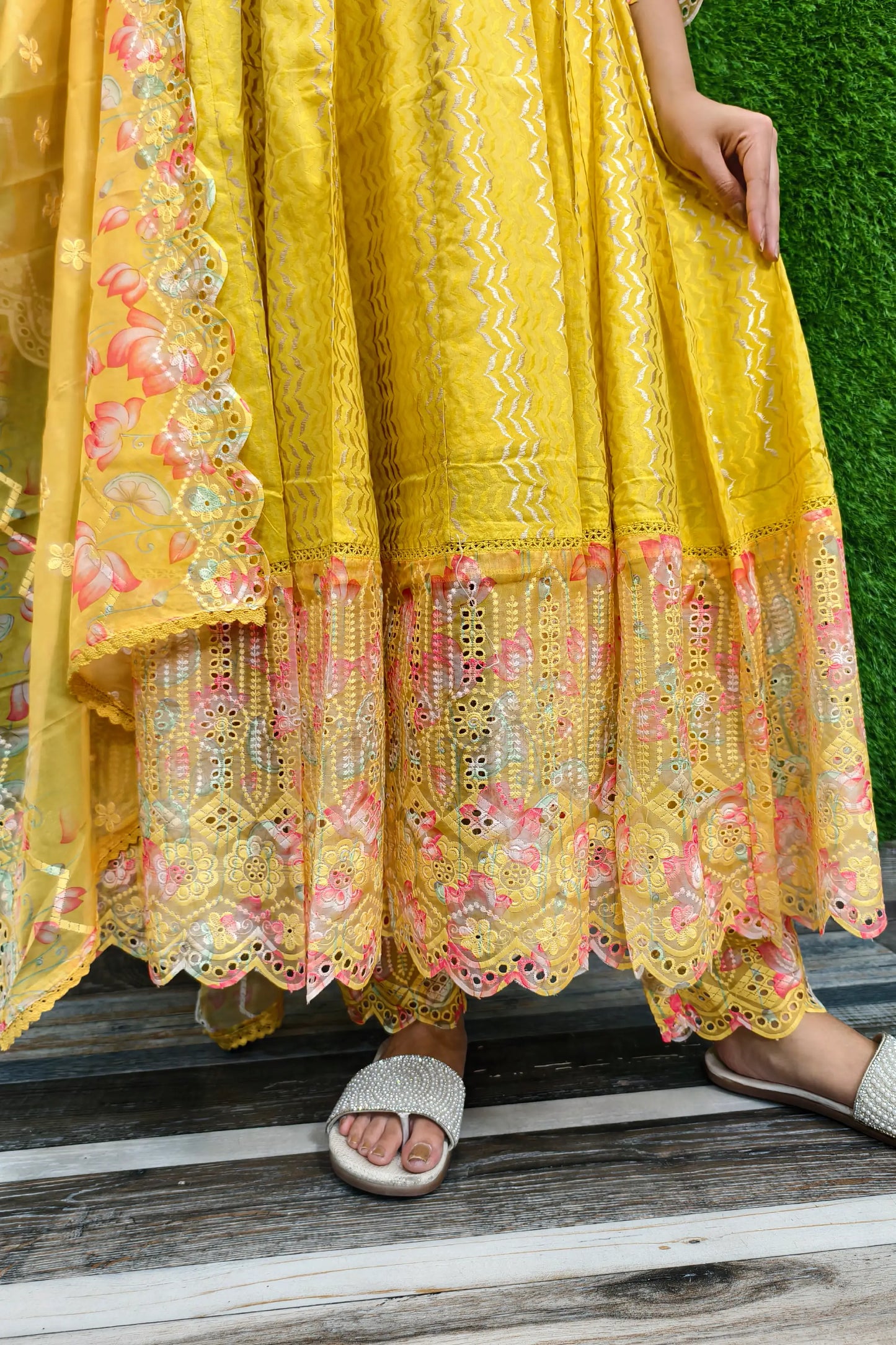 Beautiful Jacquard Cotton Anarkali Kurta set With Duppatta In yellow