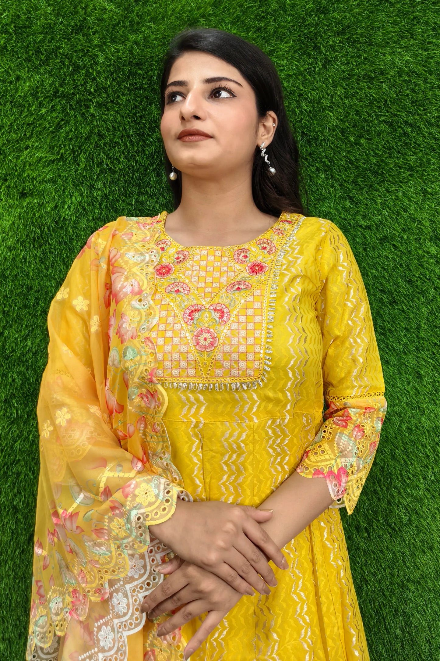 Beautiful Jacquard Cotton Anarkali Kurta set With Duppatta In yellow