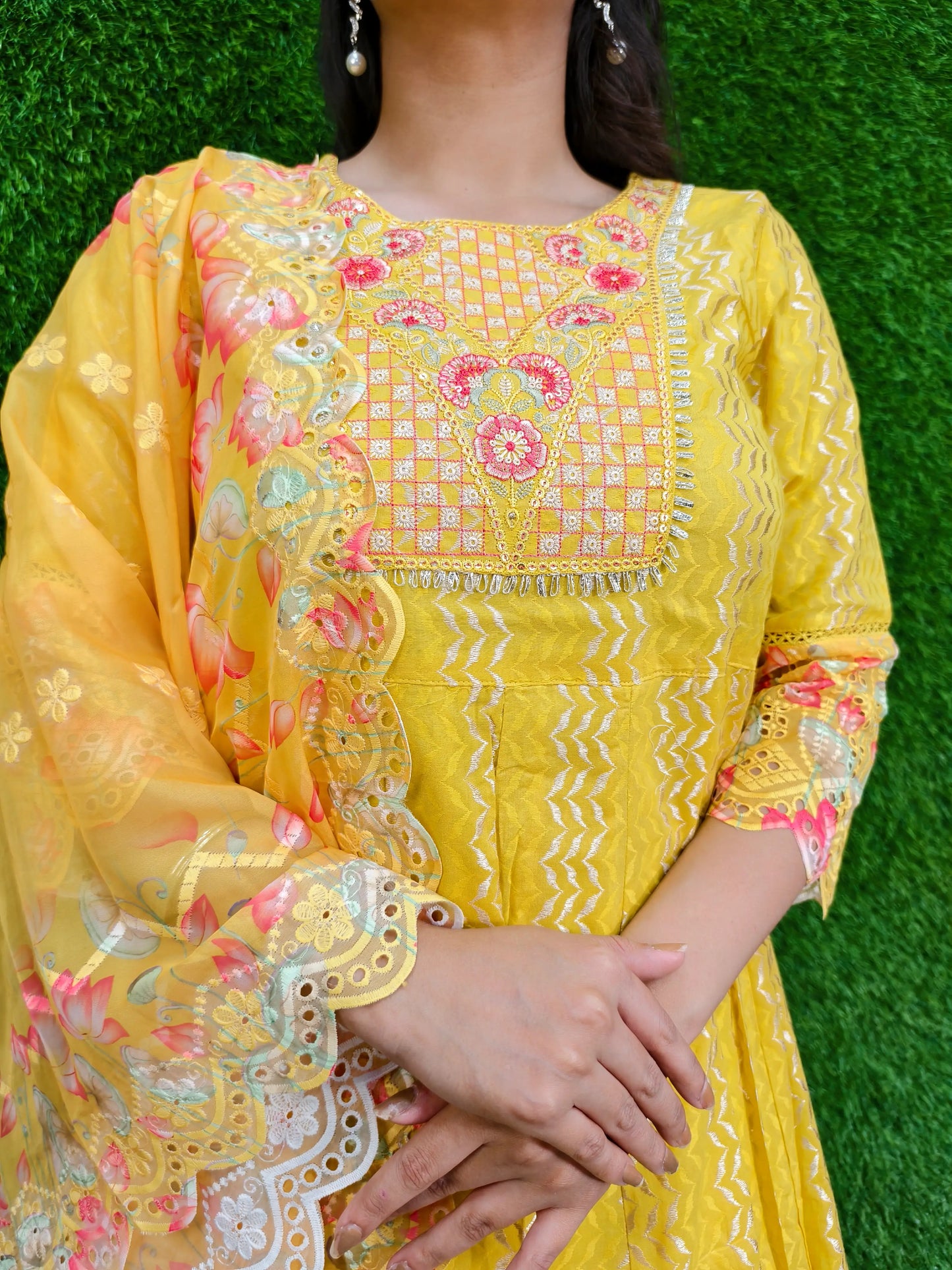 Beautiful Jacquard Cotton Anarkali Kurta set With Duppatta In yellow