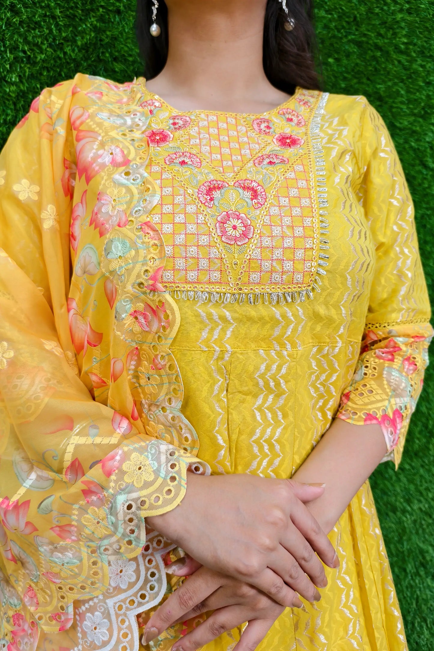 Beautiful Jacquard Cotton Anarkali Kurta set With Duppatta In yellow