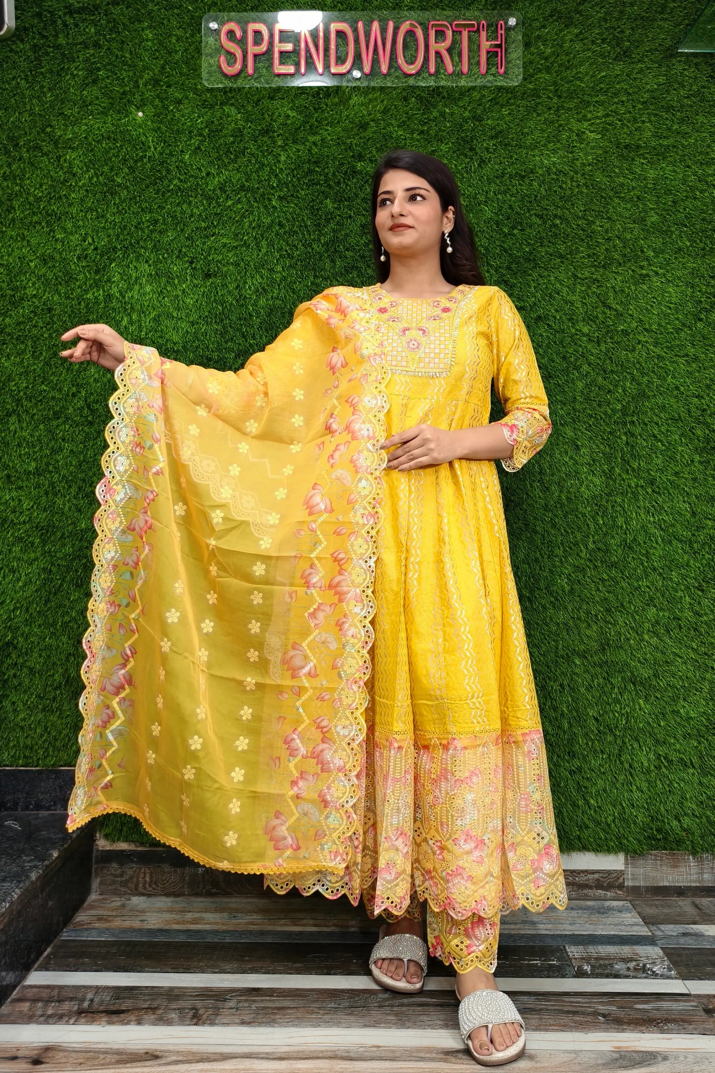 Beautiful Jacquard Cotton Anarkali Kurta set With Duppatta In yellow